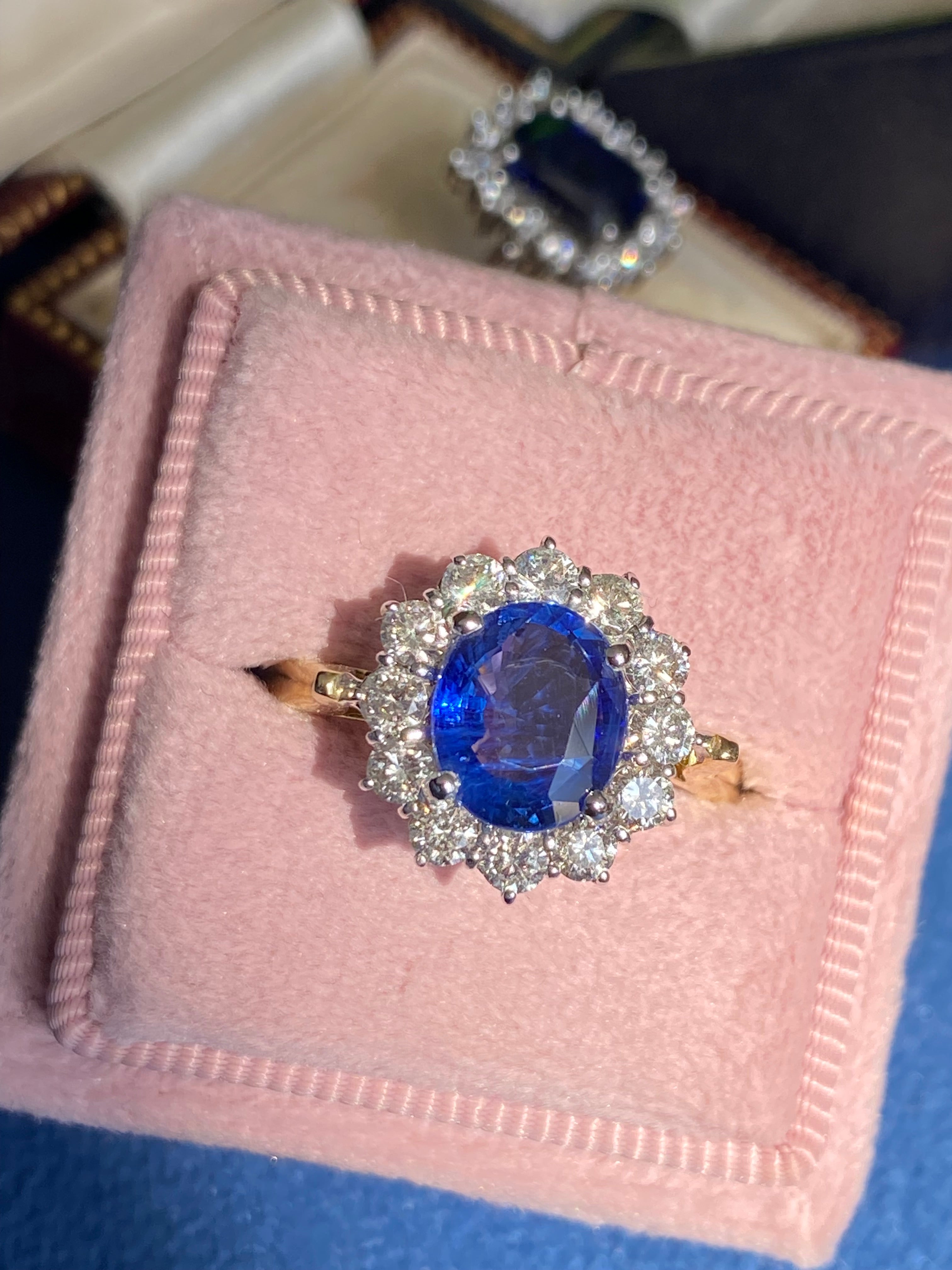 3.31 CTW Ceylon Sapphire and Natural Diamond Halo Ring in 18ct Gold