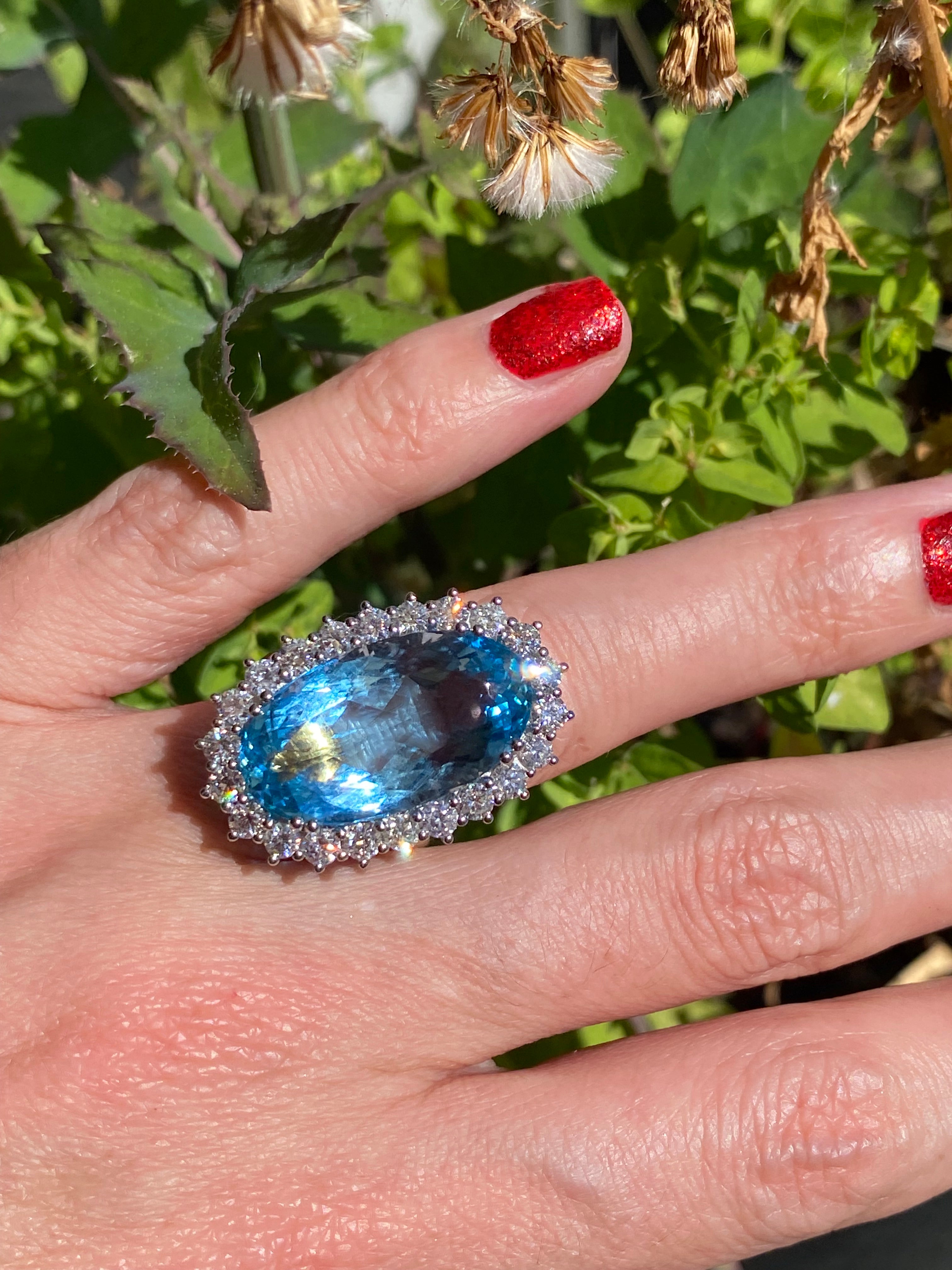 15.48 Carat Certified Santa Maria Aquamarine and 1.87ctw Natural Diamond Halo Ring in Platinum