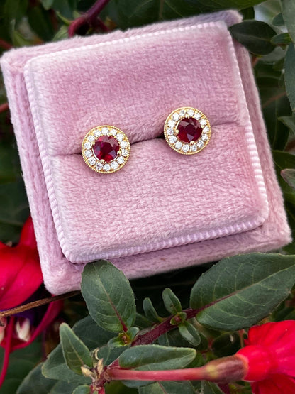 Ruby and Natural Diamond Halo Stud Earrings in 18ct Yellow Gold