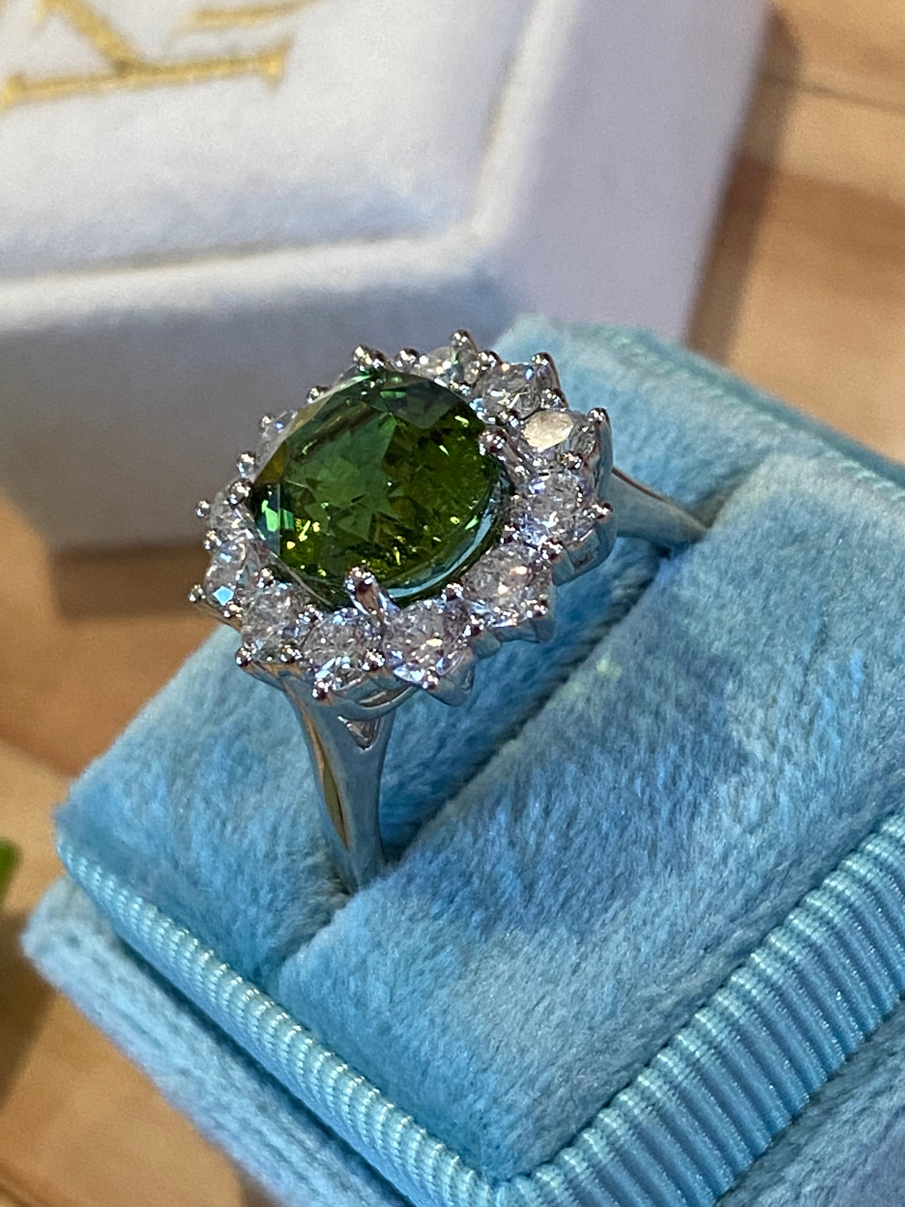 4.99 CTW Green Tourmaline and Natural Diamond Halo Ring in Platinum