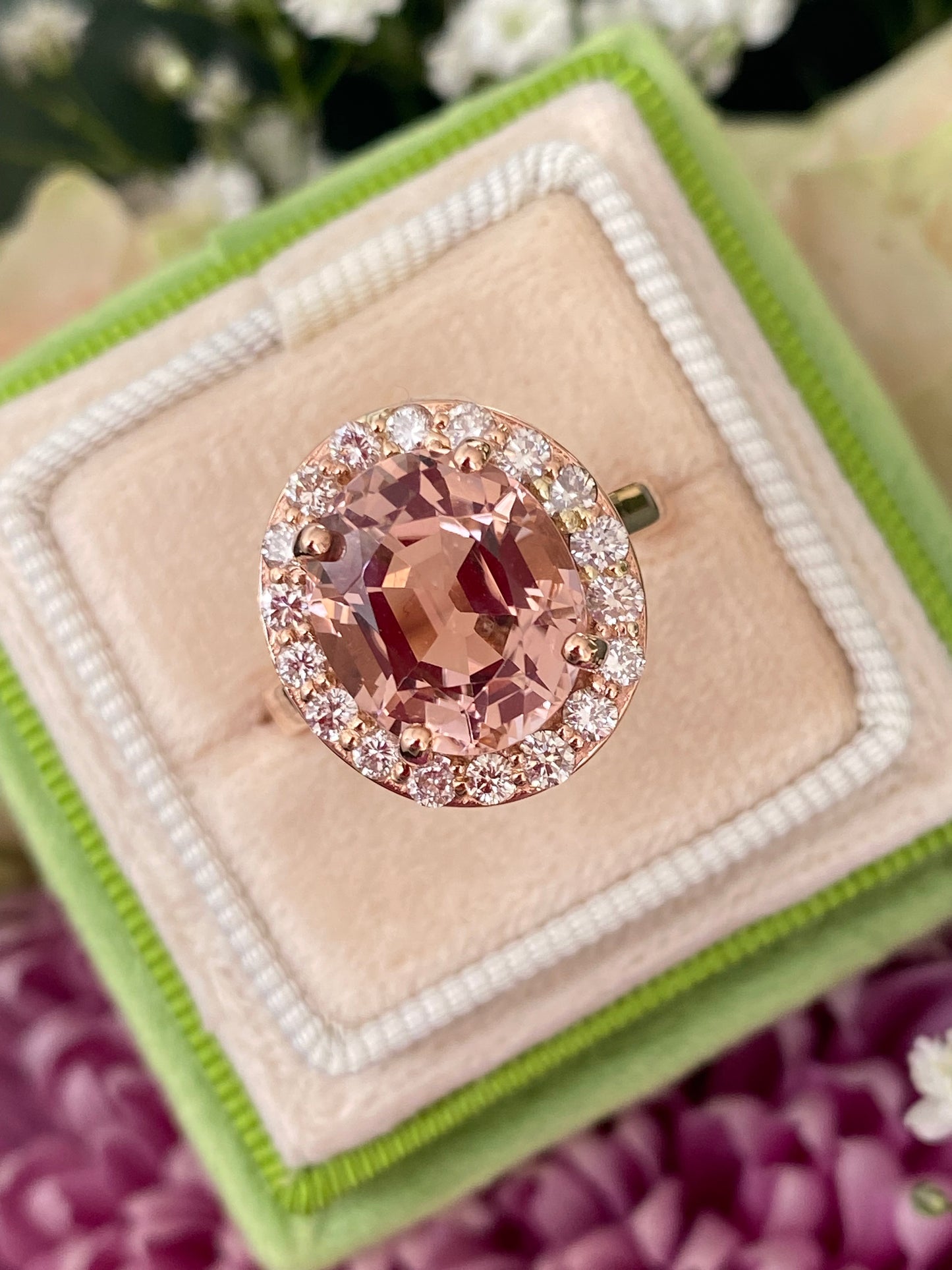 6.00 Carat Oval-Cut Pink Tourmaline and Diamond Halo Ring in 18ct Rose Gold