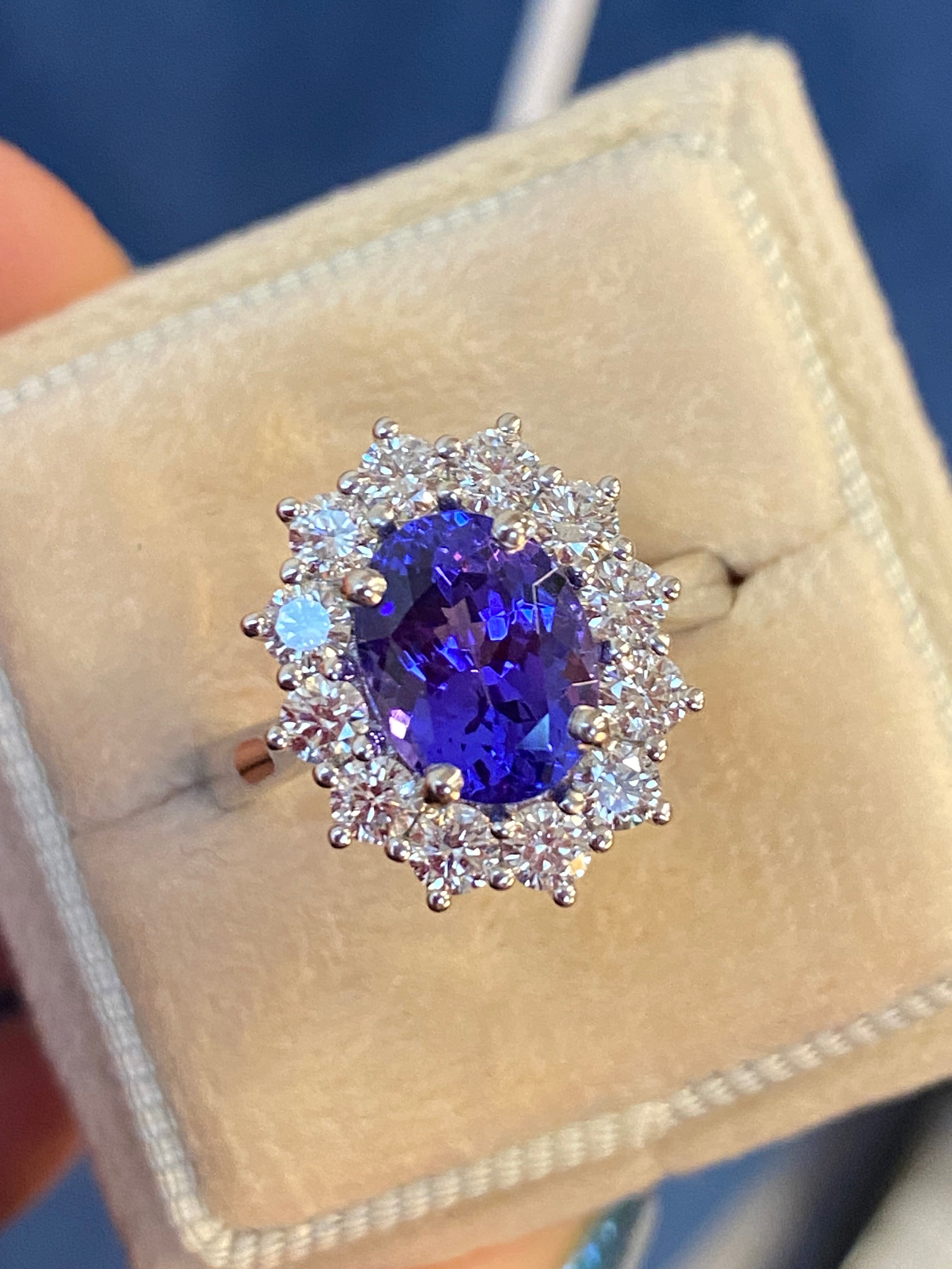 2.37 Carat Oval Cut Tanzanite and 0.93 ctw Natural Diamond Ring in Platinum