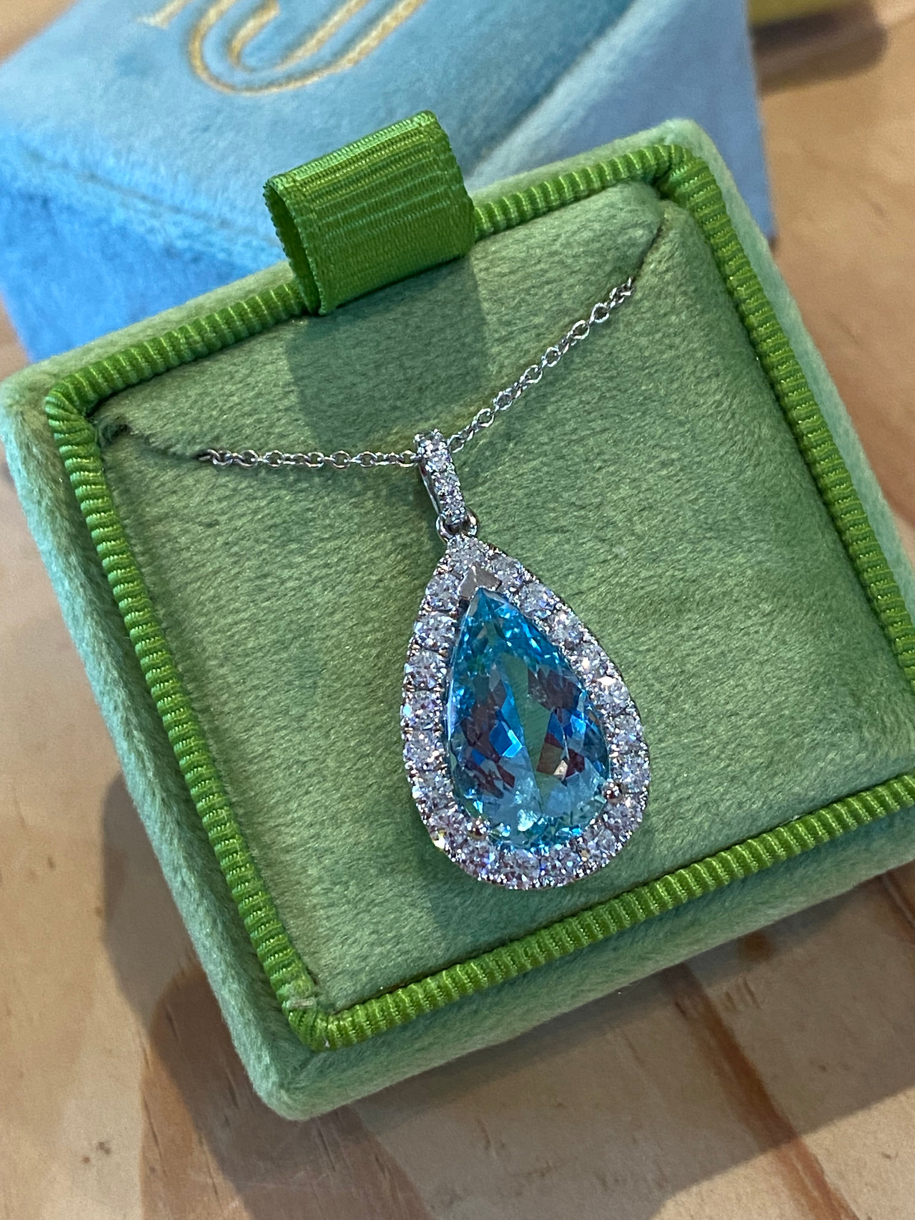 5.14 CTW Pear Cut Aquamarine and Natural Diamond Pendant Necklace in 18ct White Gold