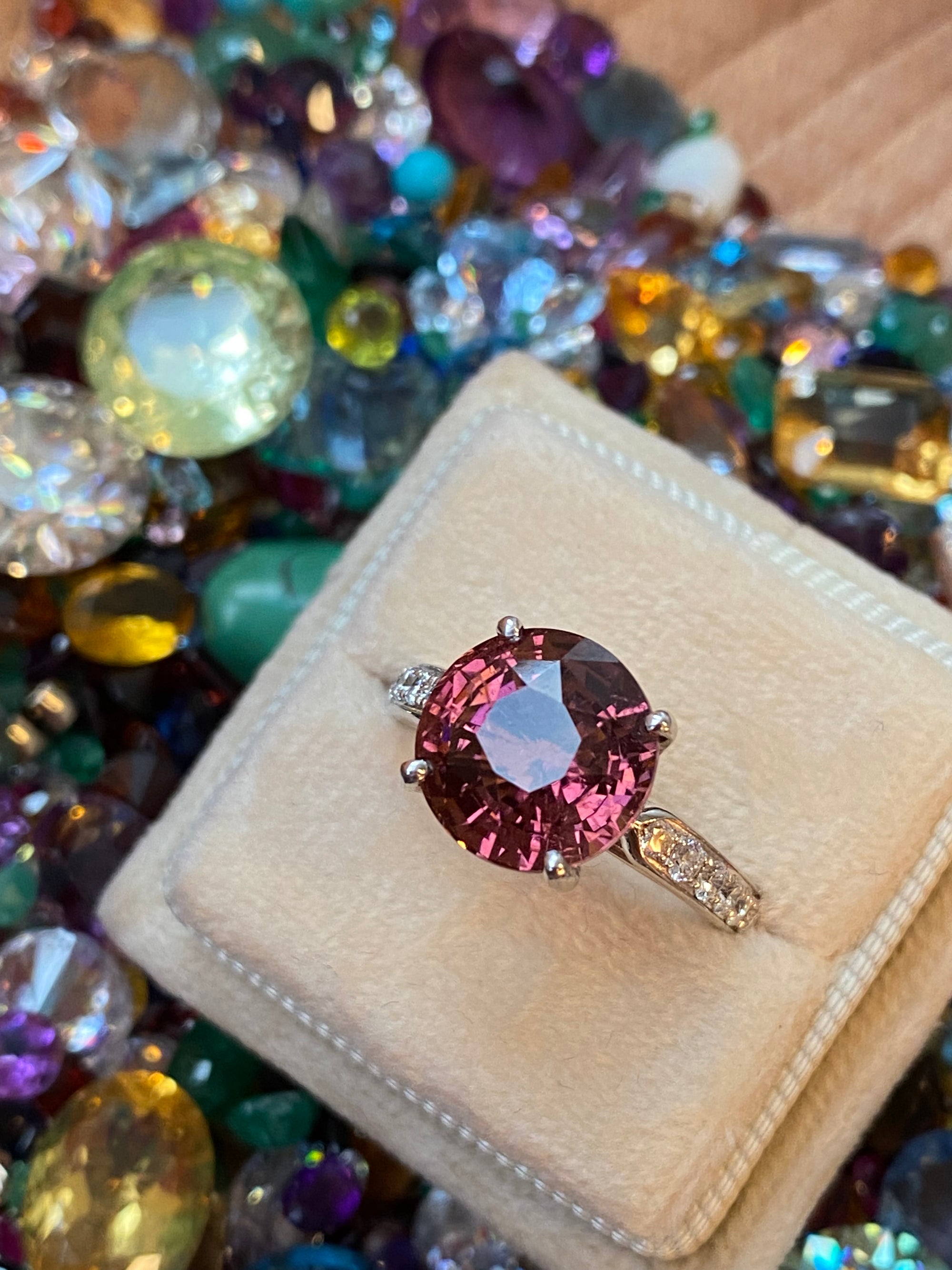 5.09 Carat Round Cut Pink Tourmaline and Natural Diamond Engagement Ring in Platinum
