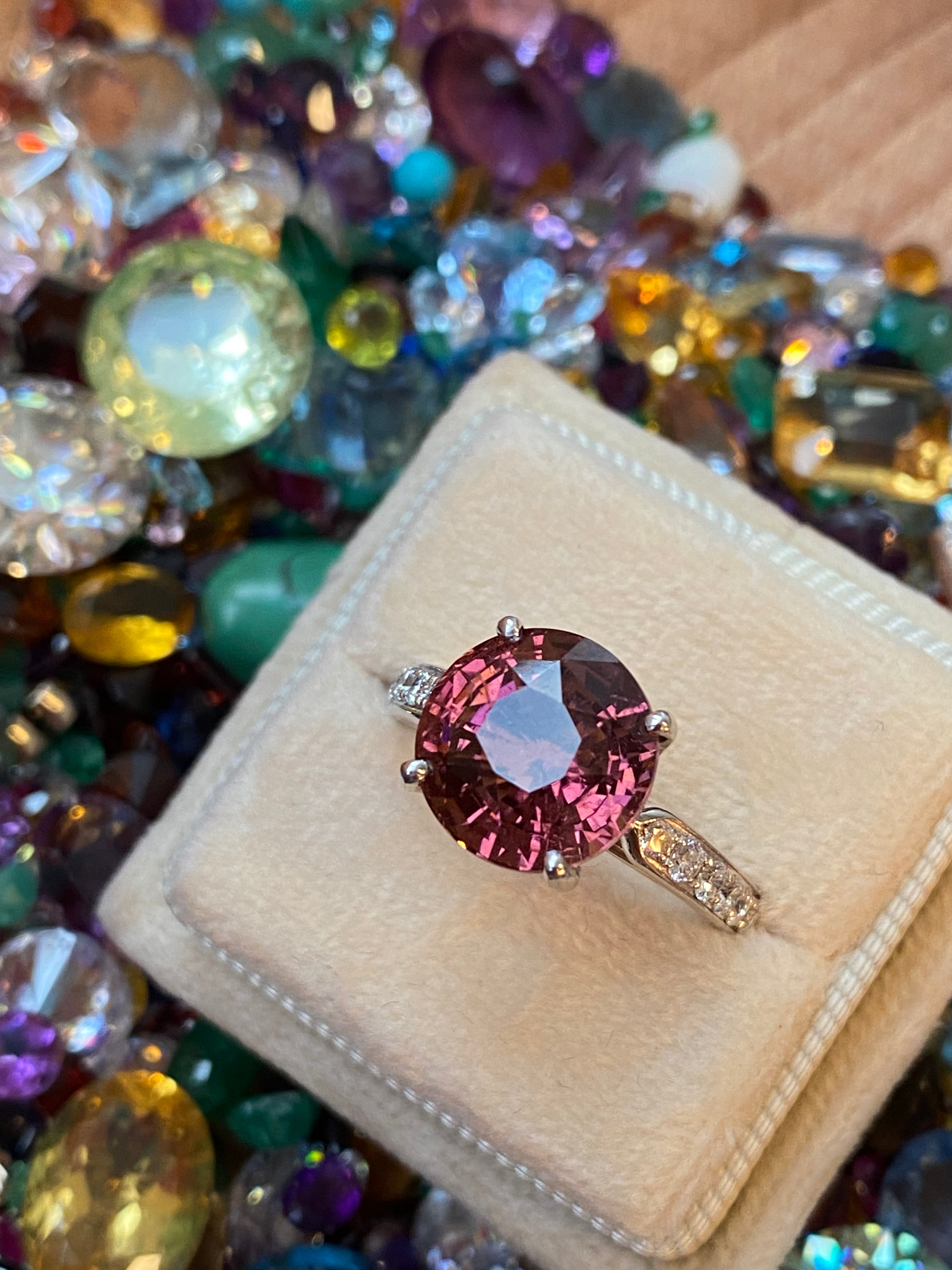 5.09 Carat Round Cut Pink Tourmaline and Natural Diamond Engagement Ring in Platinum
