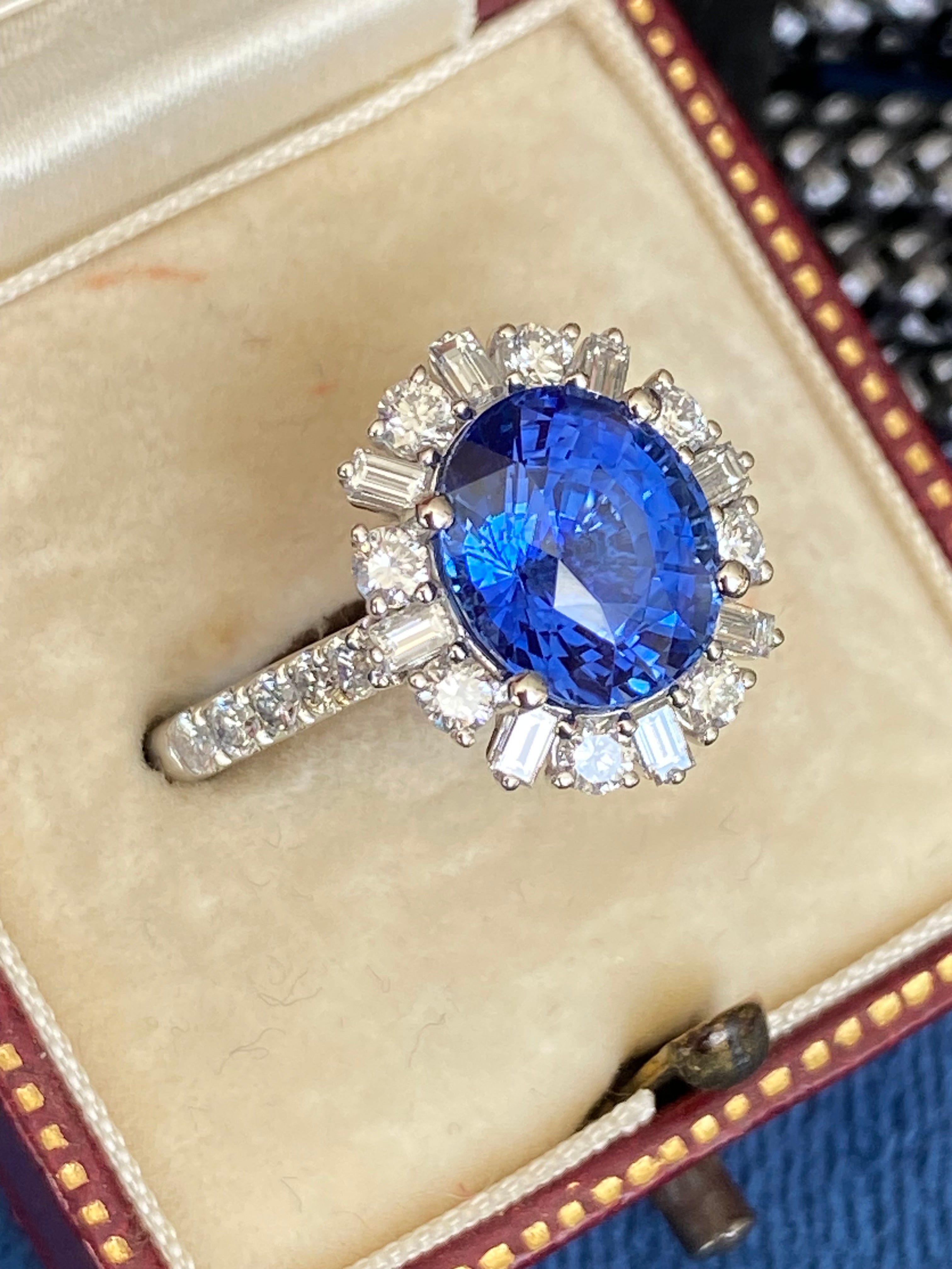 3.72 Carat Blue Ceylon Sapphire and 0.91ctw Natural Diamond Halo Ring in Platinum