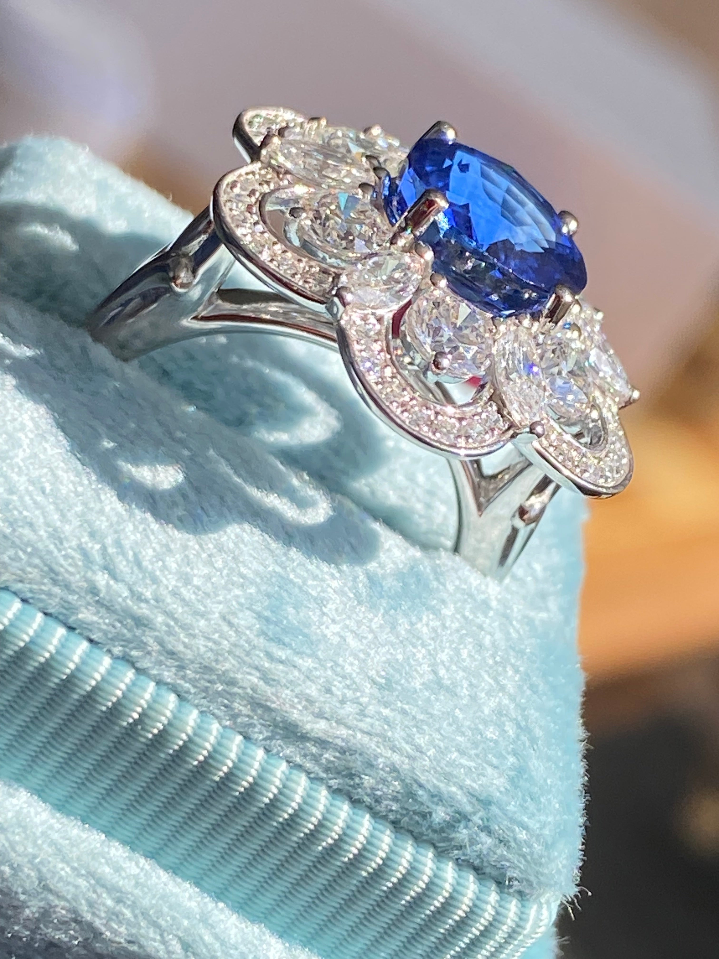 Masterpiece Showstopper 5.44 CTW Ceylon Sapphire and Natural Diamond Halo Cocktail Ring in Platinum
