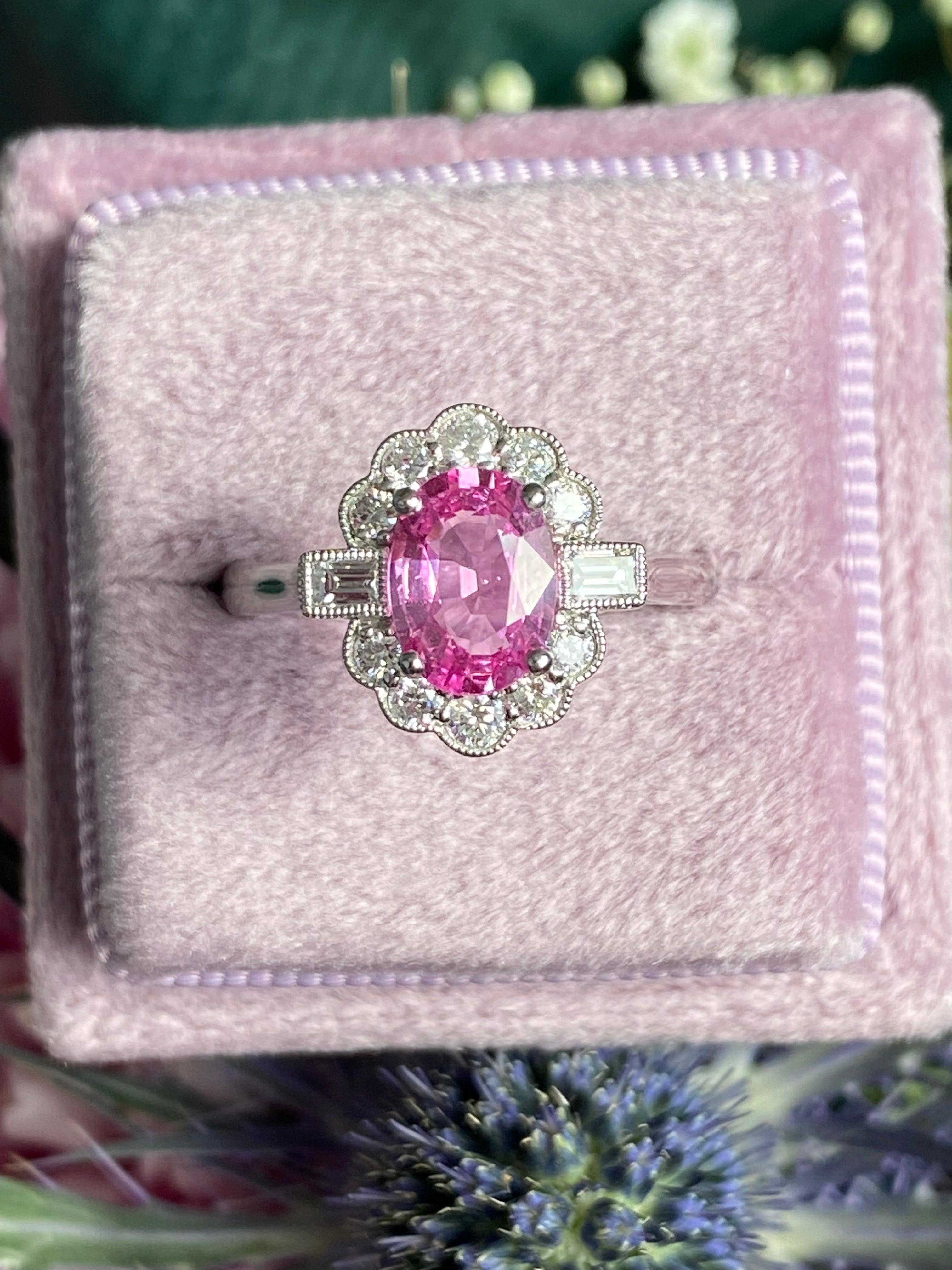 1.76 CTW Pink Sapphire and Diamond Art Deco Style Ring in Platinum