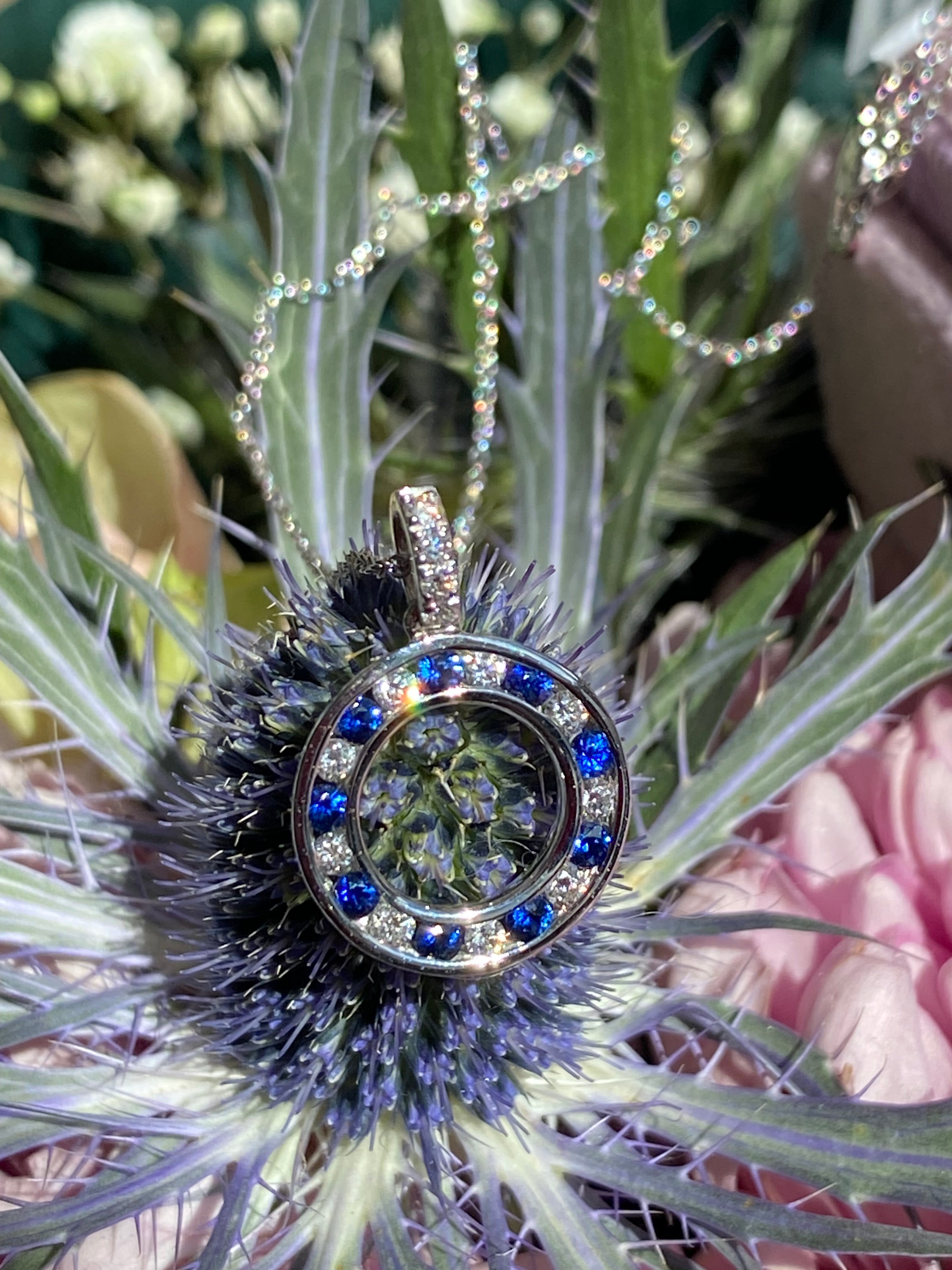Beautiful Sapphire and Natural Diamond Pendant Necklace in 18ct White Gold