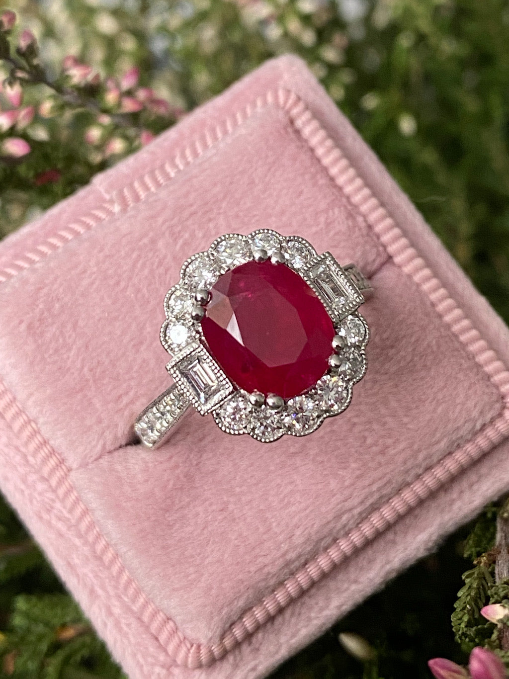 3.54 Carat Oval-Cut Ruby and 0.77 ctw Natural Diamond Halo Ring in Platinum