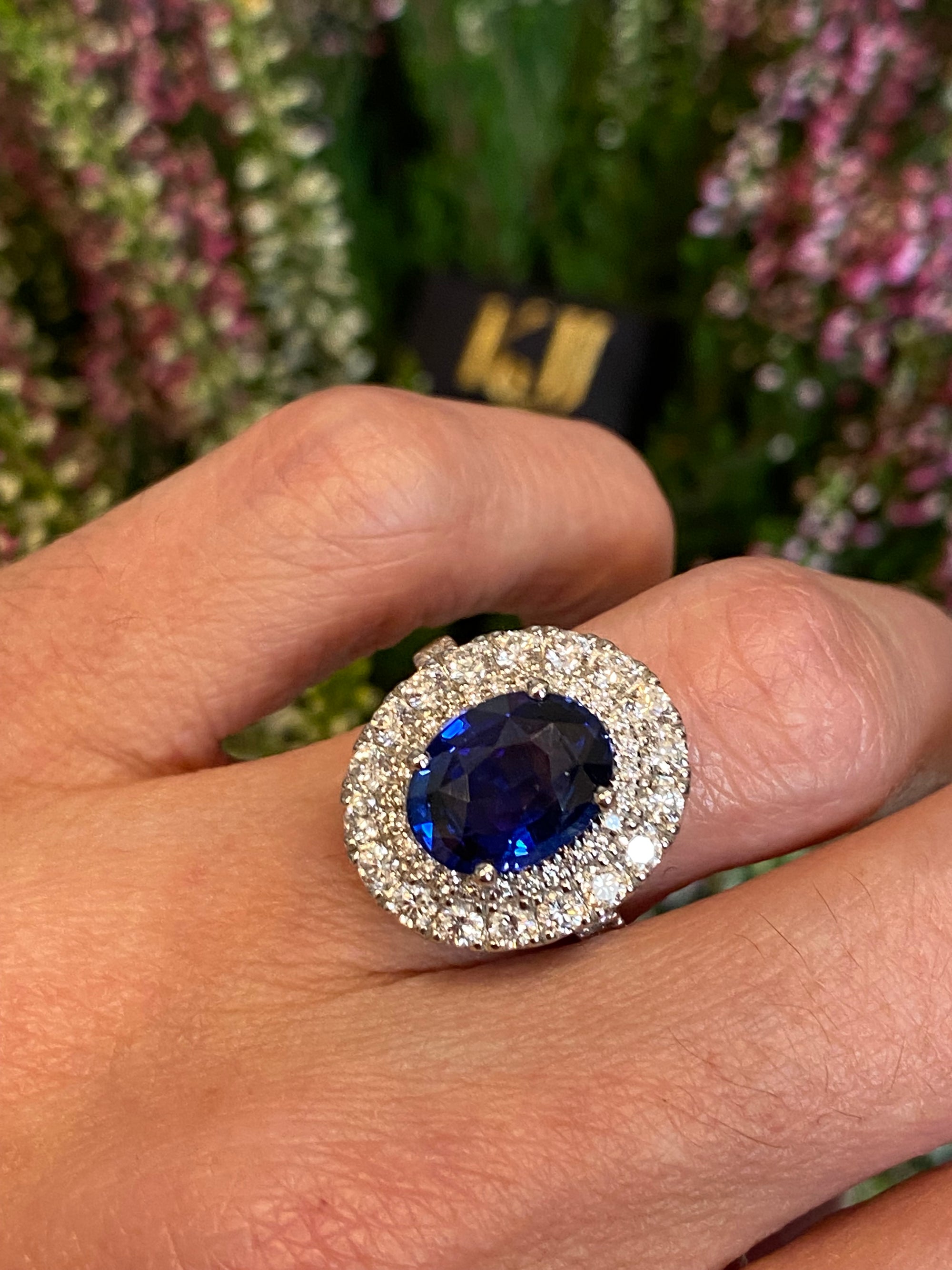 4.29 Carat Blue Ceylon Sapphire and 1.67 CTW Natural Diamond Halo Ring in Platinum