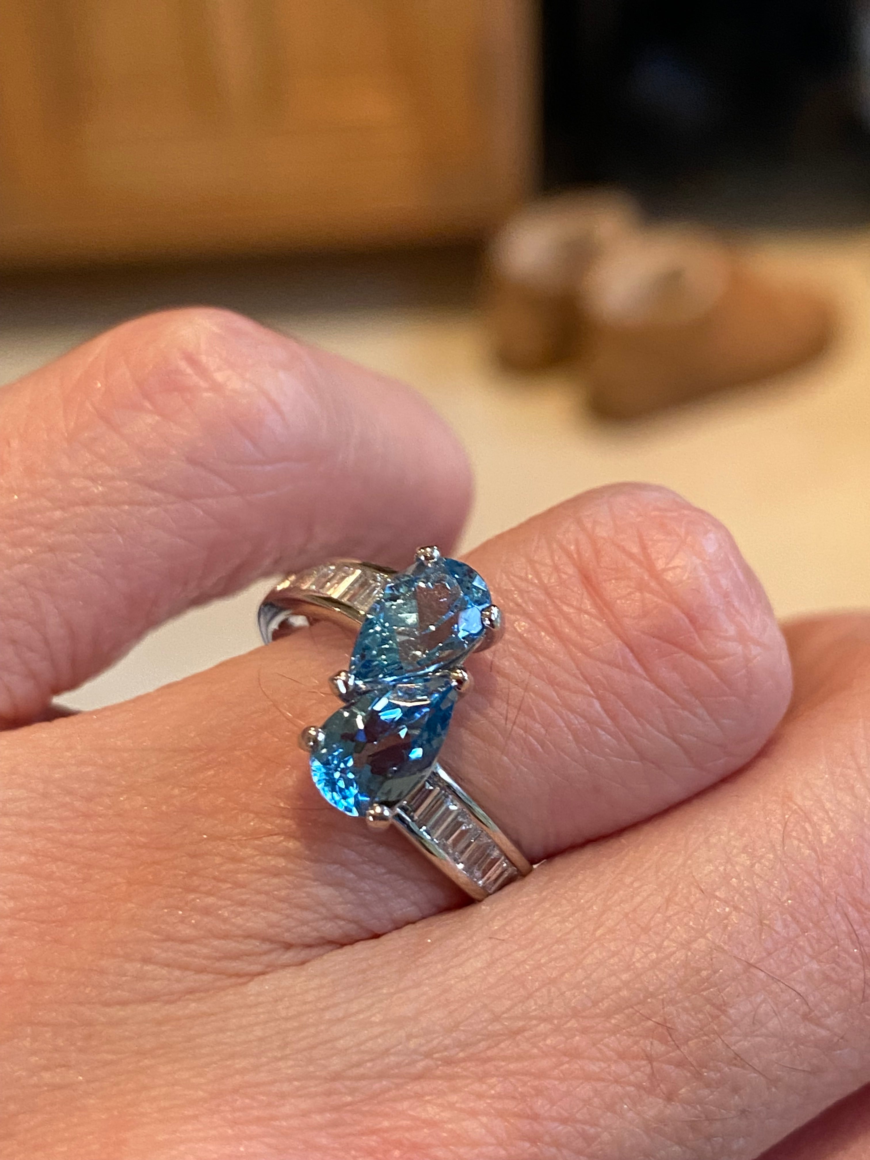 2.01 CTW Pear Cut Aquamarine and Natural Diamond Toi et Moi Ring in Platinum