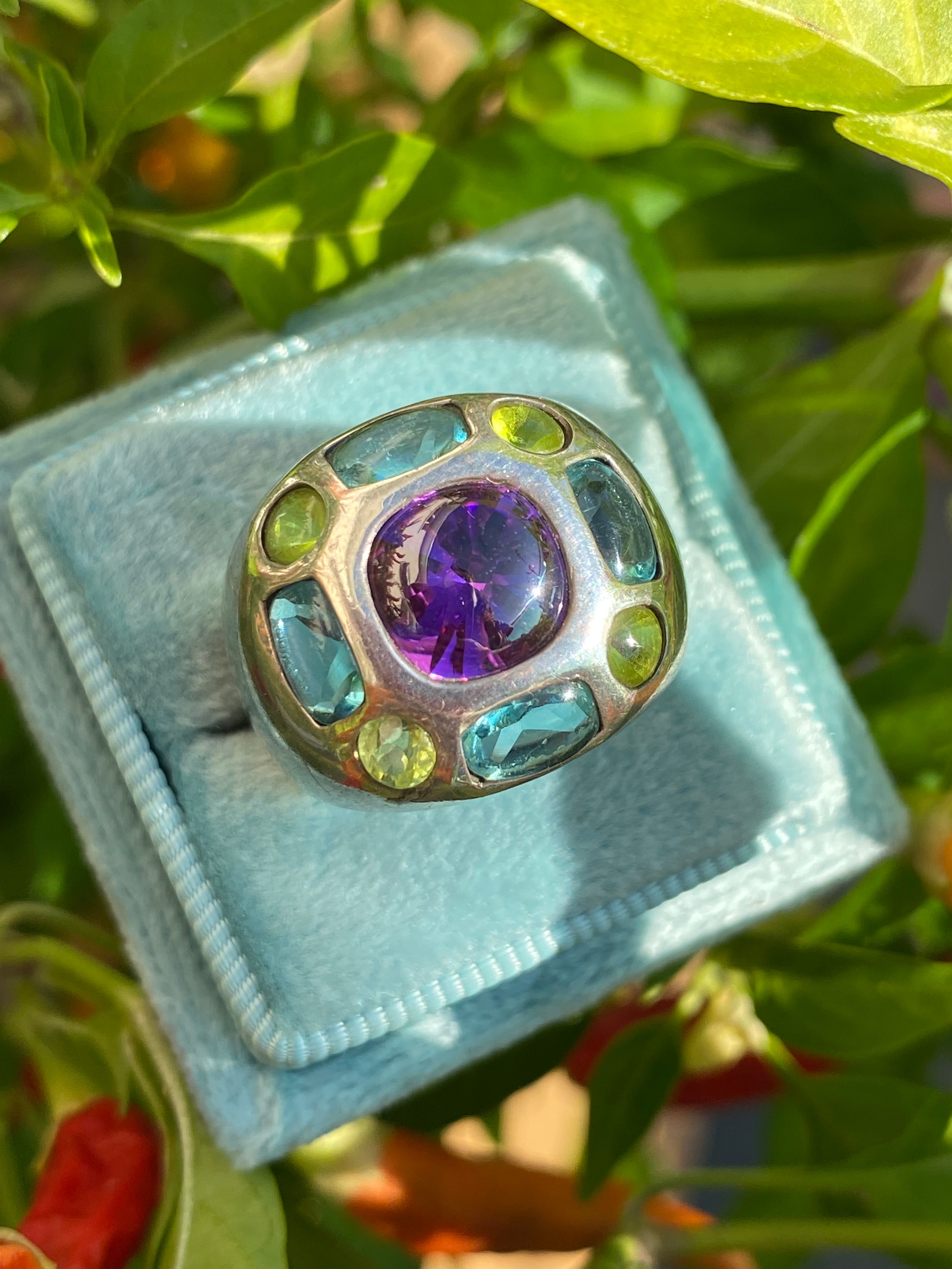 Beautiful Vintage Amethyst, Peridot and Blue Topaz Ring in Sterling Silver