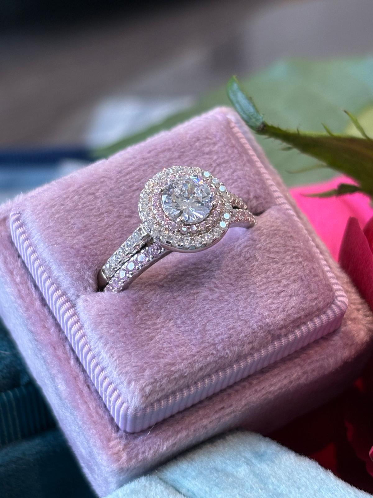 Round Cut Moissanite Pink Double Halo Engagement and Wedding / Eternity Ring Set in Sterling Silver