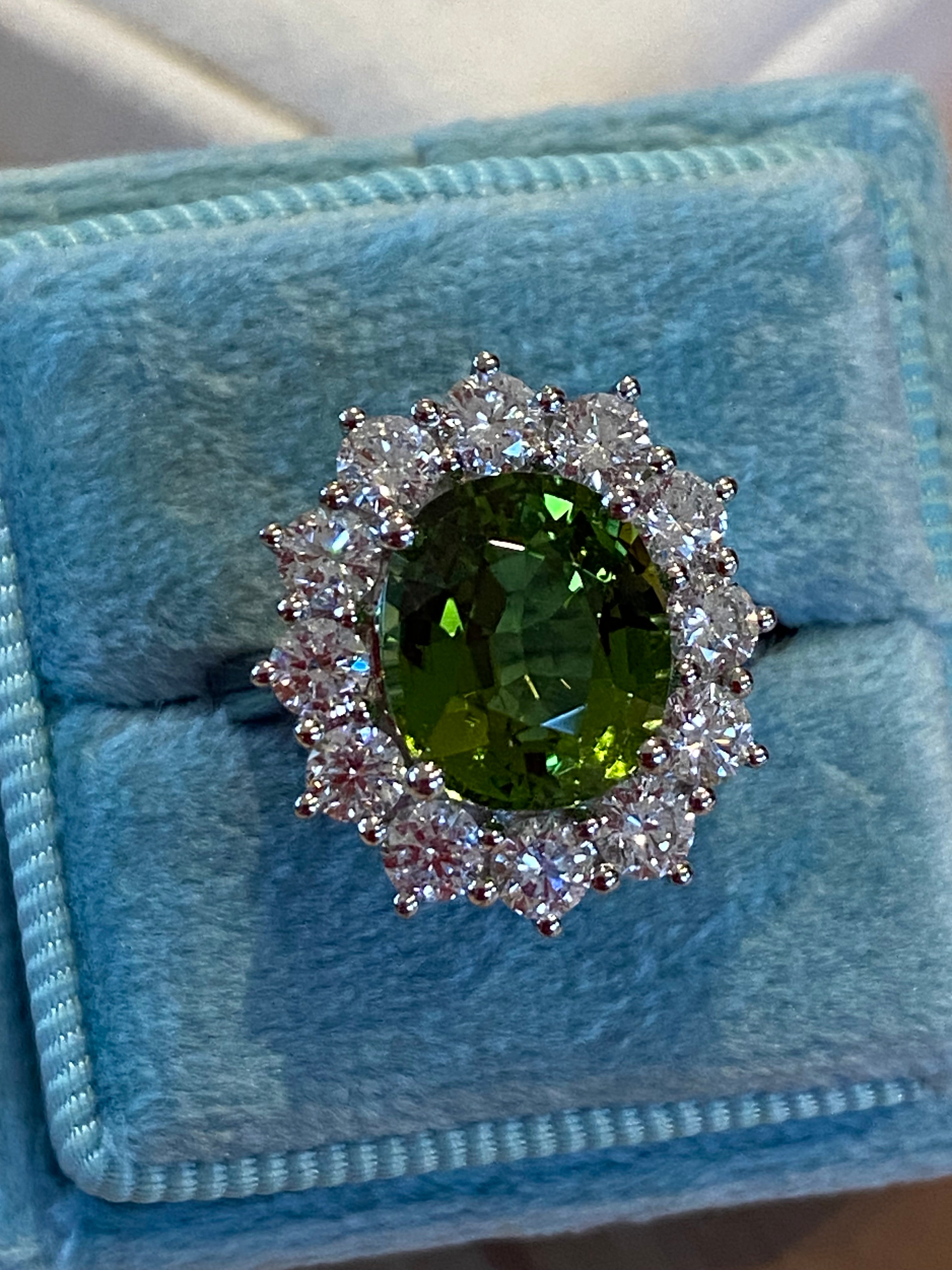 4.99 CTW Green Tourmaline and Natural Diamond Halo Ring in Platinum