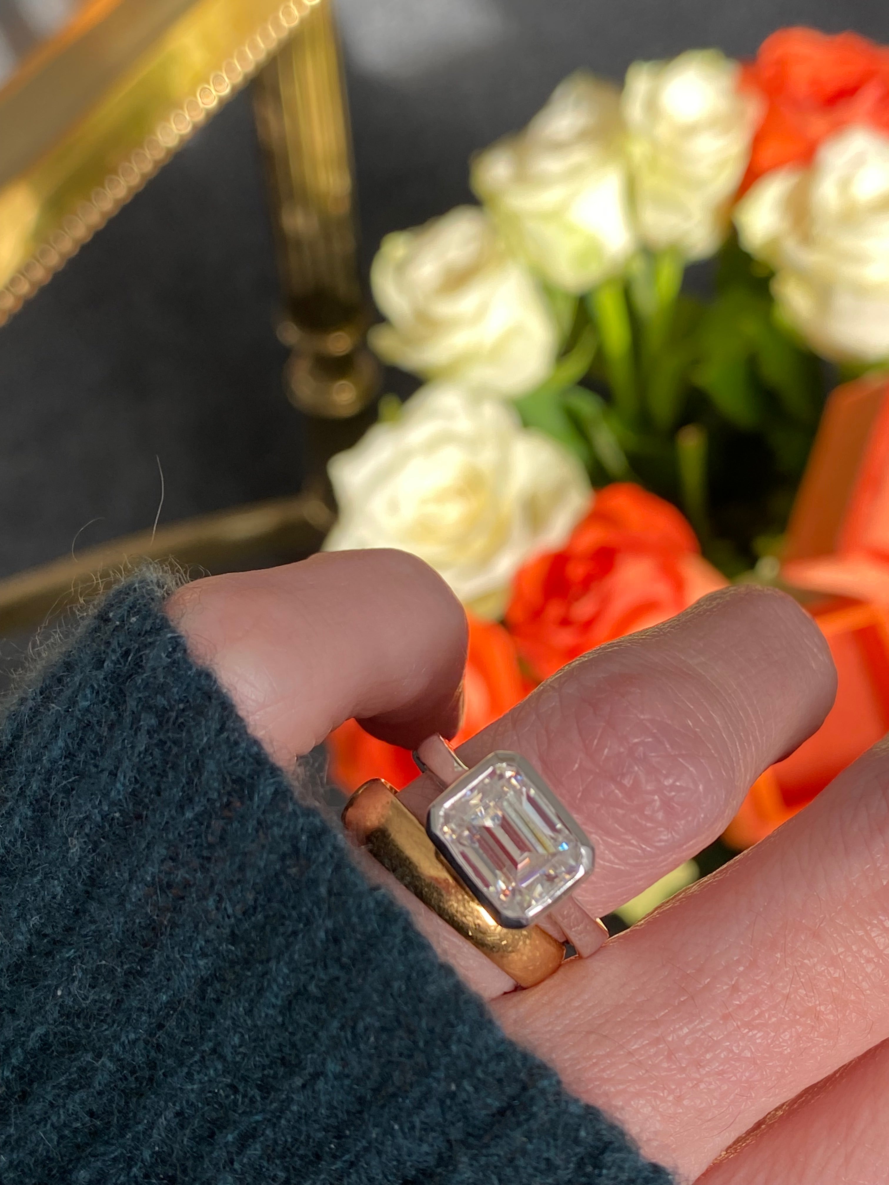 3.00 Carat Emerald Cut Moissanite East West Solitaire Ring in Sterling Silver