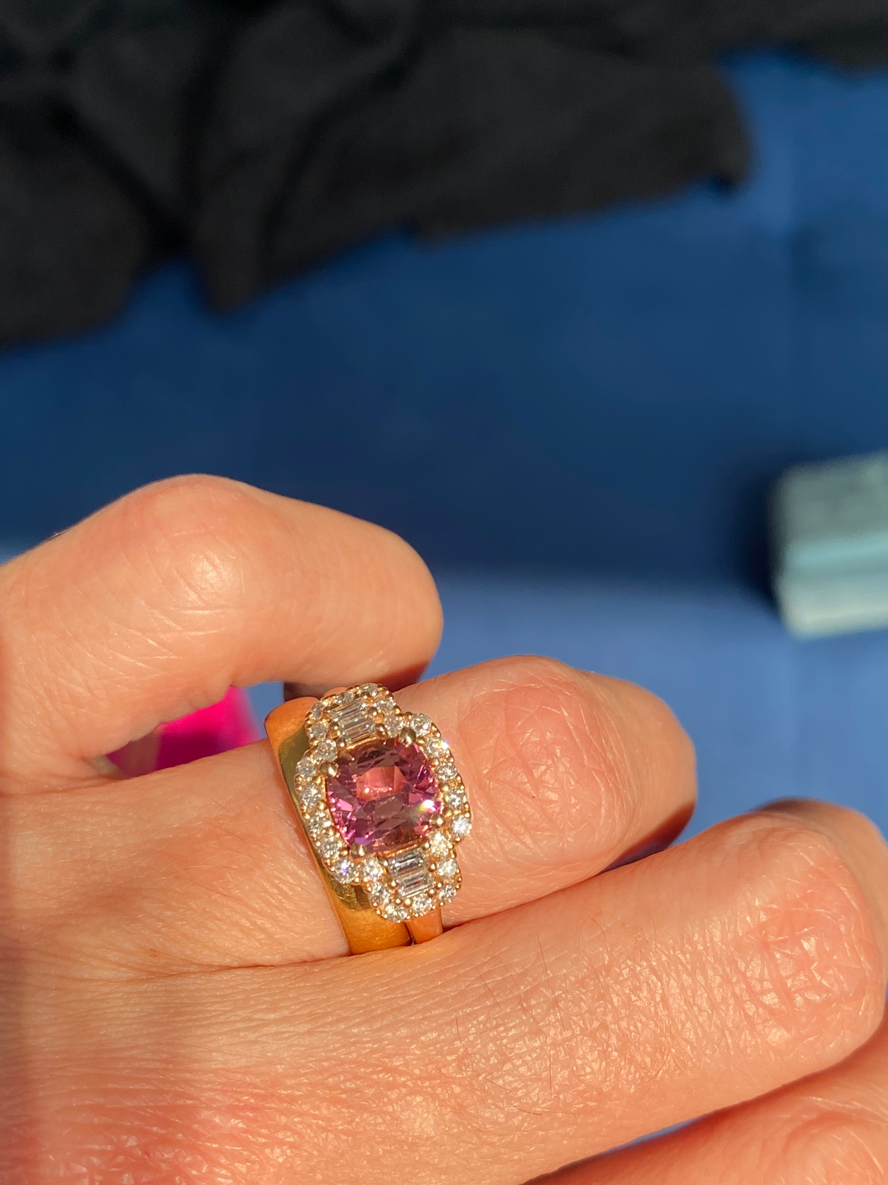 2.02 CTW Pink Tourmaline and Natural Diamond Three Stone Halo Ring in 18ct Rose Gold