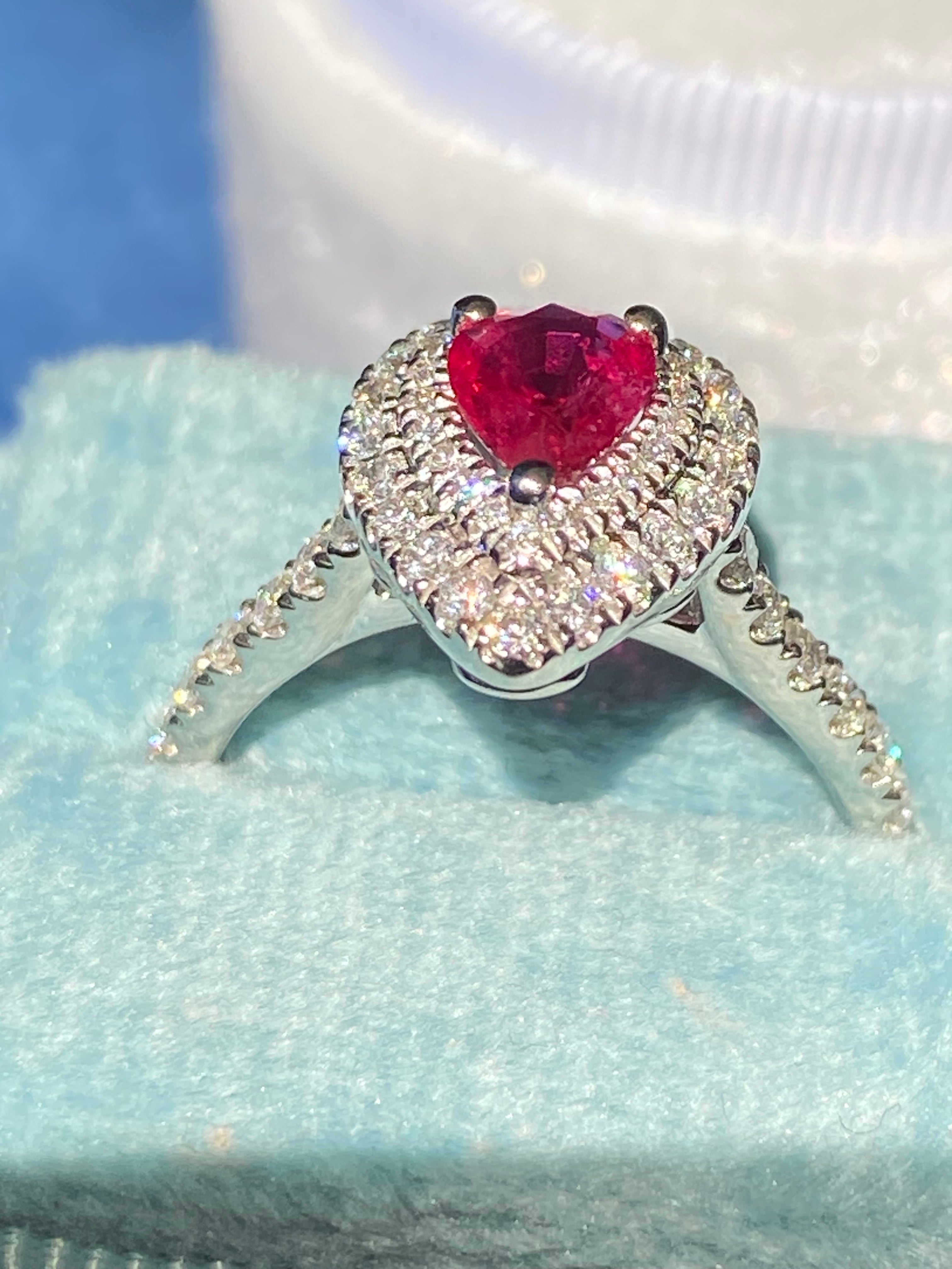 1.16 CTW Pear Cut Ruby and Natural Diamond Ring in Platinum