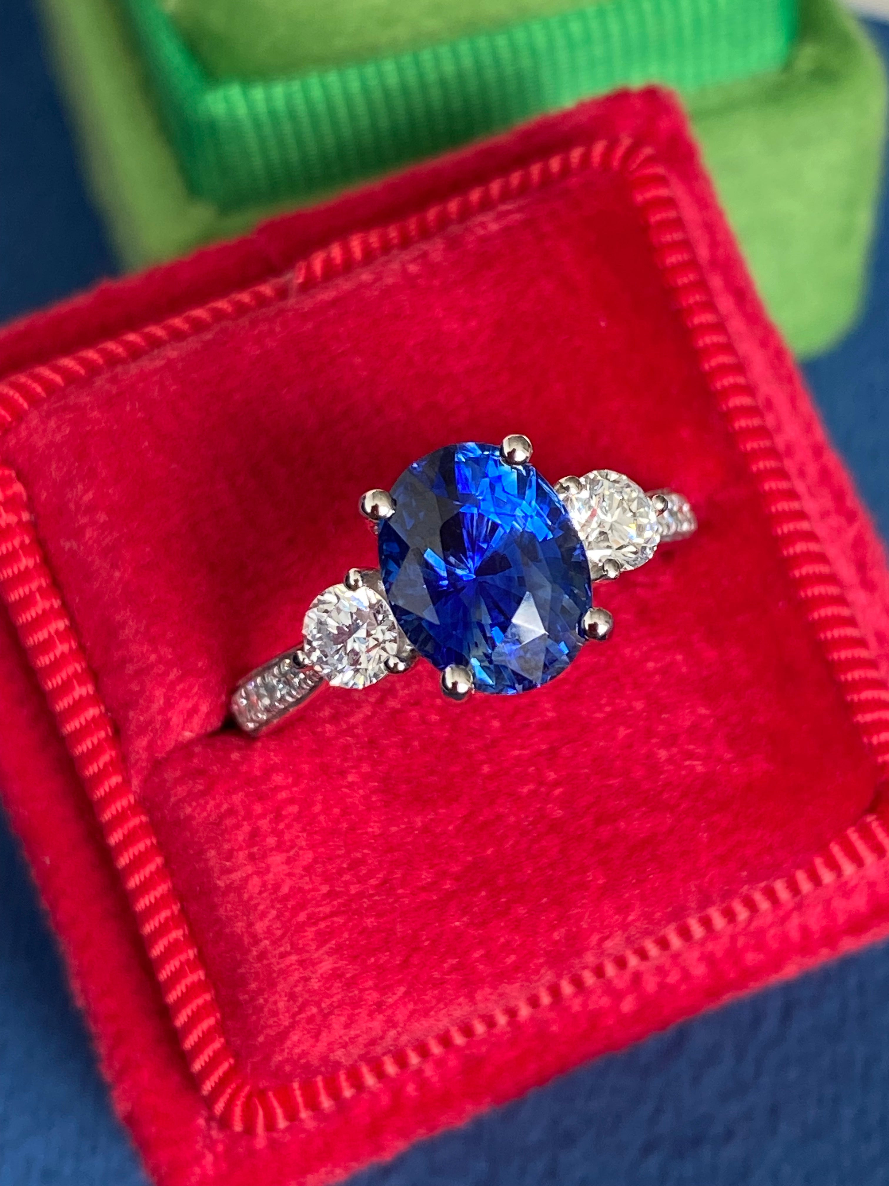 3.68 CTW Blue Ceylon Sapphire and Natural Diamond Three Stone Engagement Ring in Platinum