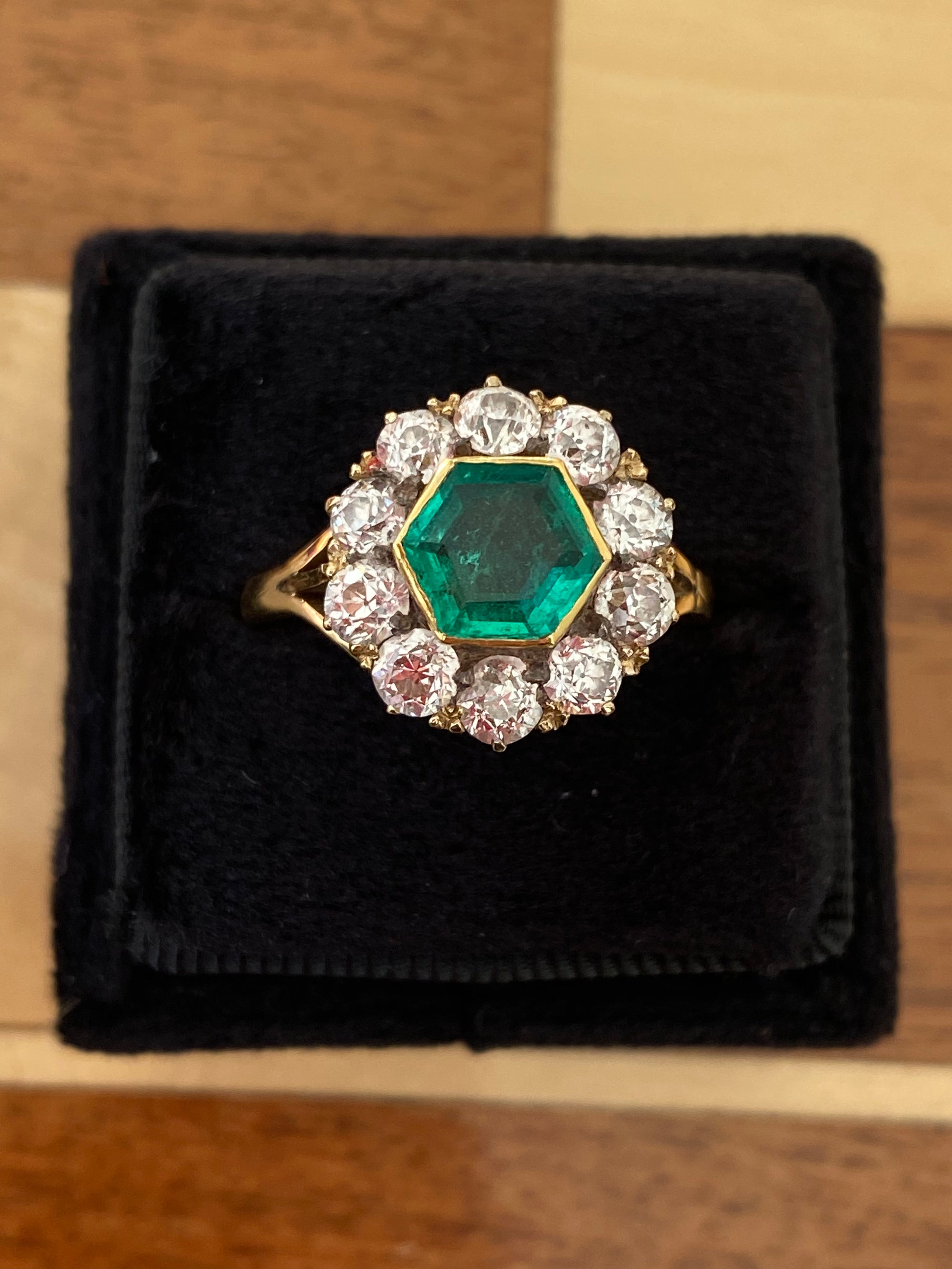3.00 CTW Colombian Emerald and Old Cut Diamond Halo Ring in 18ct Yellow Gold