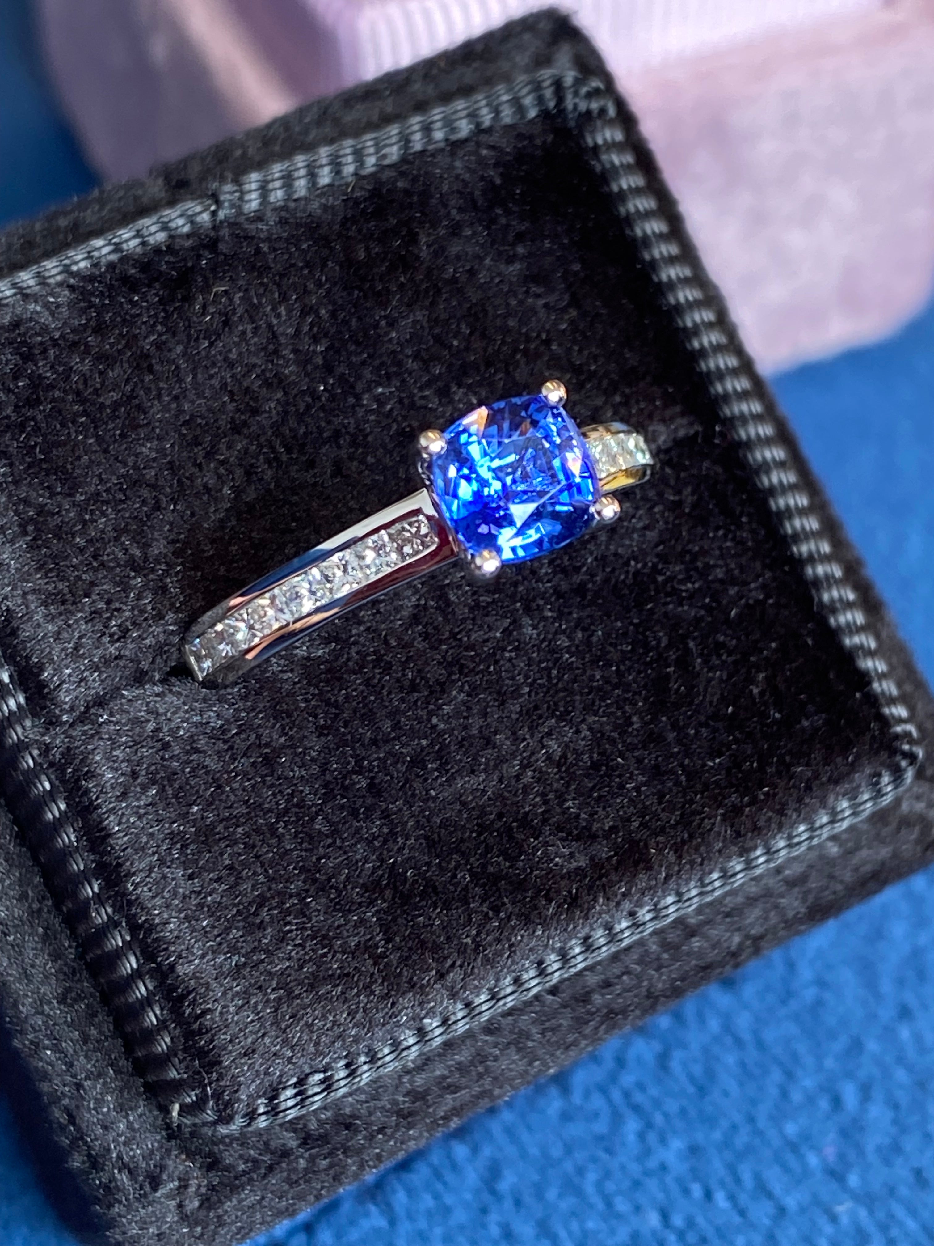 1.02 Carat Cushion Cut Blue Ceylon Sapphire Solitaire Style Engagement Ring in Platinum