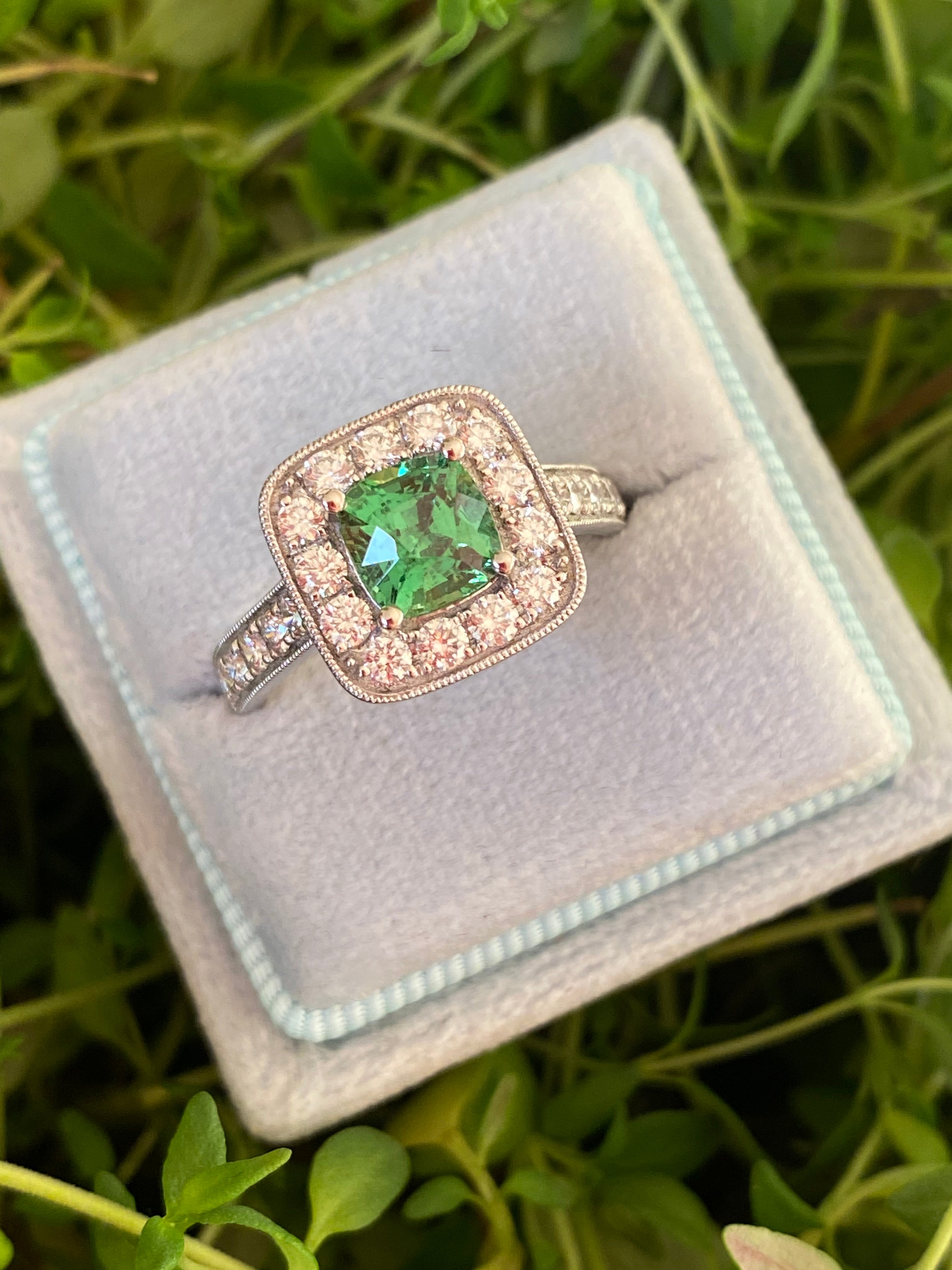1.29 Carat Tsavorite Garnet and 0.72 Carat Diamond Halo Engagement Ring in Platinum