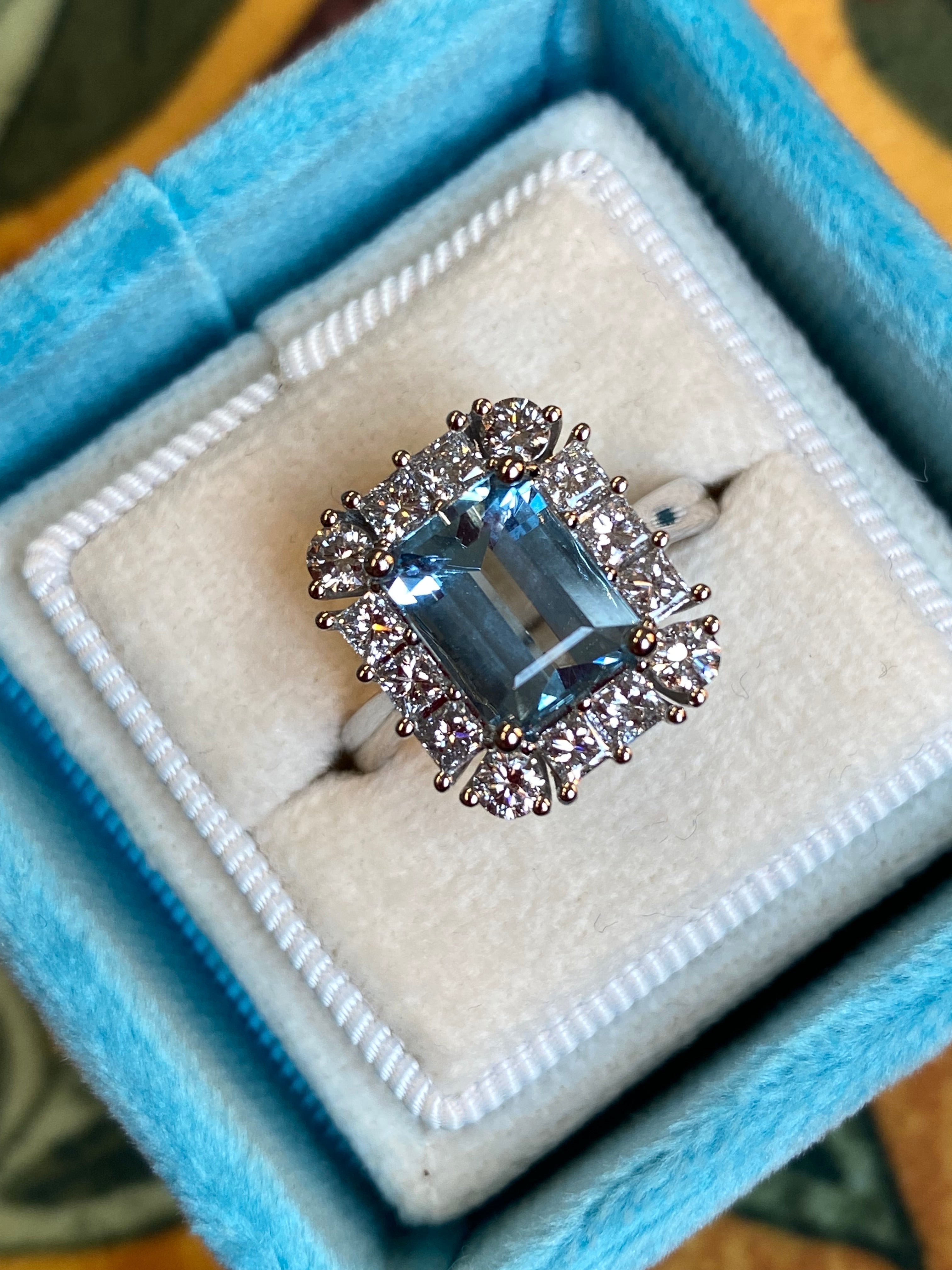 3.12 CTW Emerald Cut Aquamarine and Natural Diamond Halo Engagement Ring in Platinum
