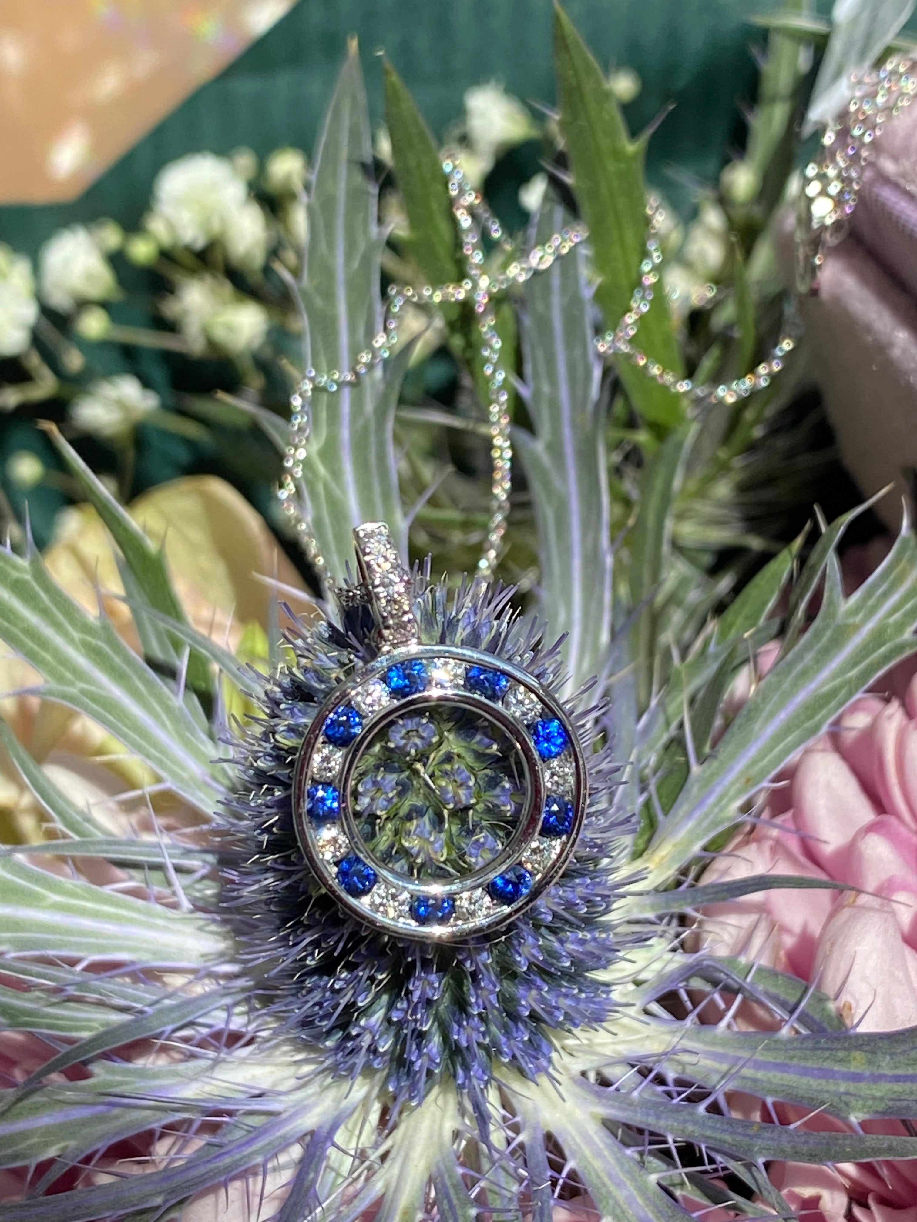 Beautiful Sapphire and Natural Diamond Pendant Necklace in 18ct White Gold