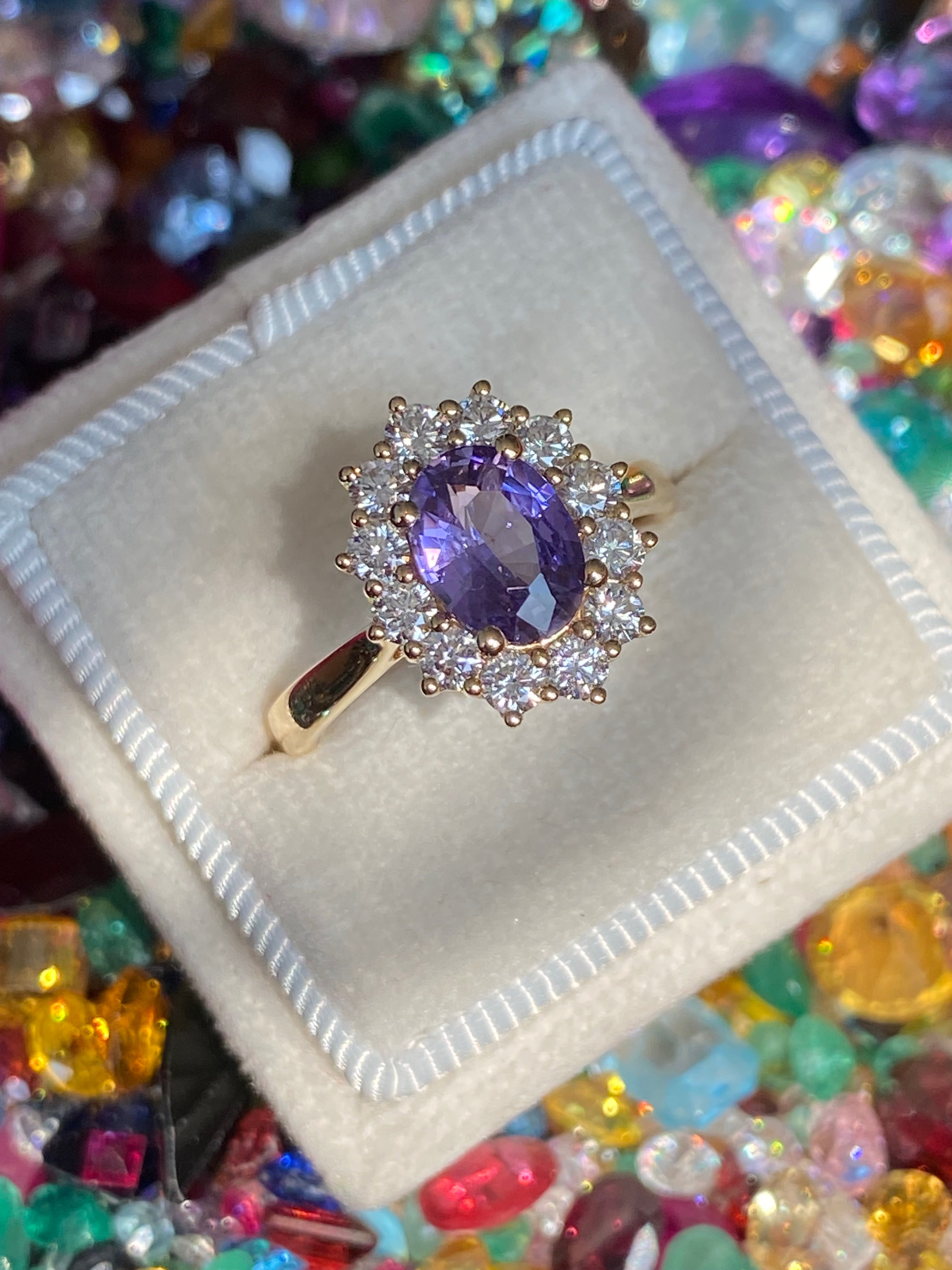 2.08 CTW Violet Sapphire and Natural Diamond Halo Ring in 18ct Yellow Gold