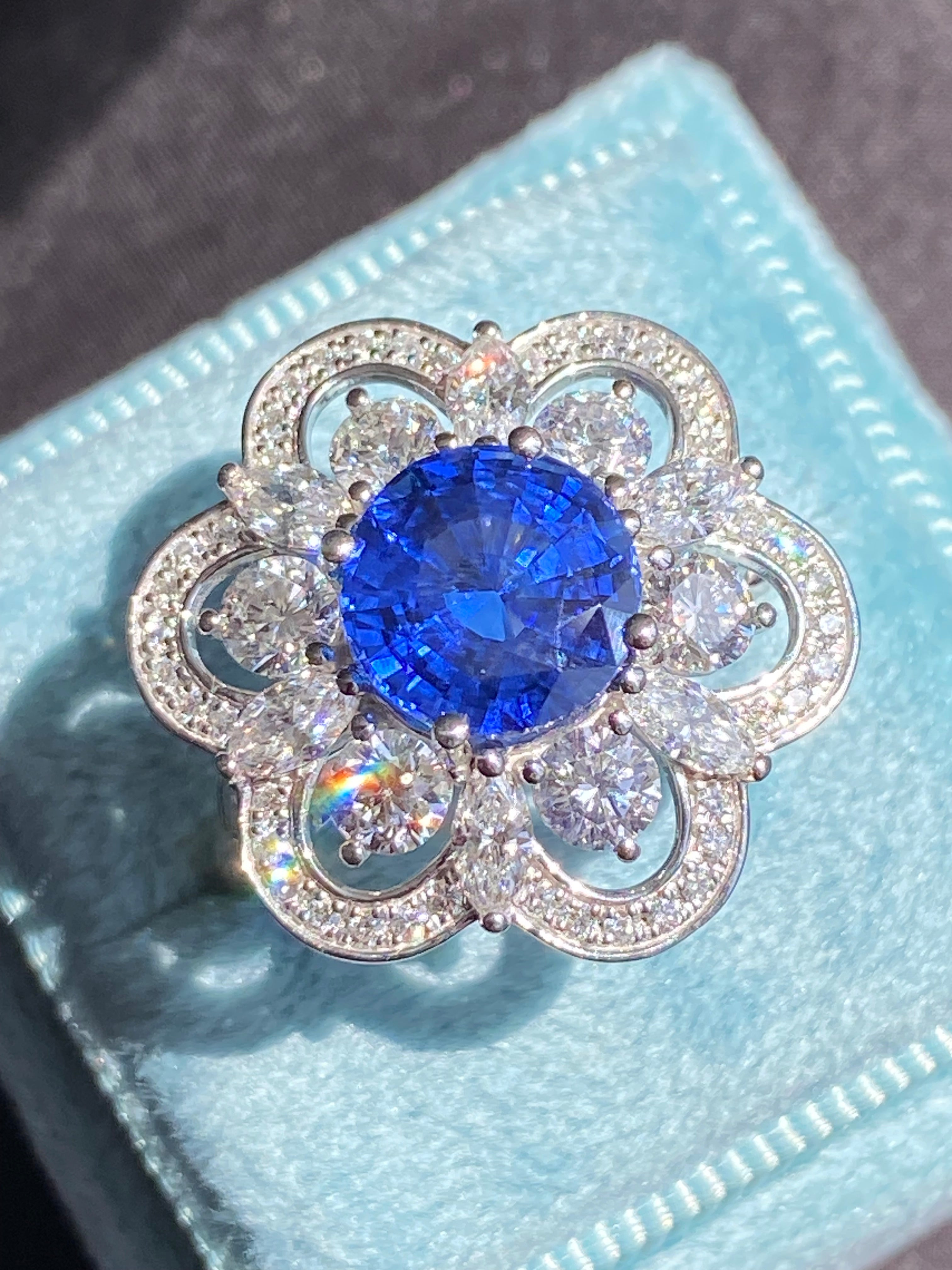 Masterpiece Showstopper 5.44 CTW Ceylon Sapphire and Natural Diamond Halo Cocktail Ring in Platinum
