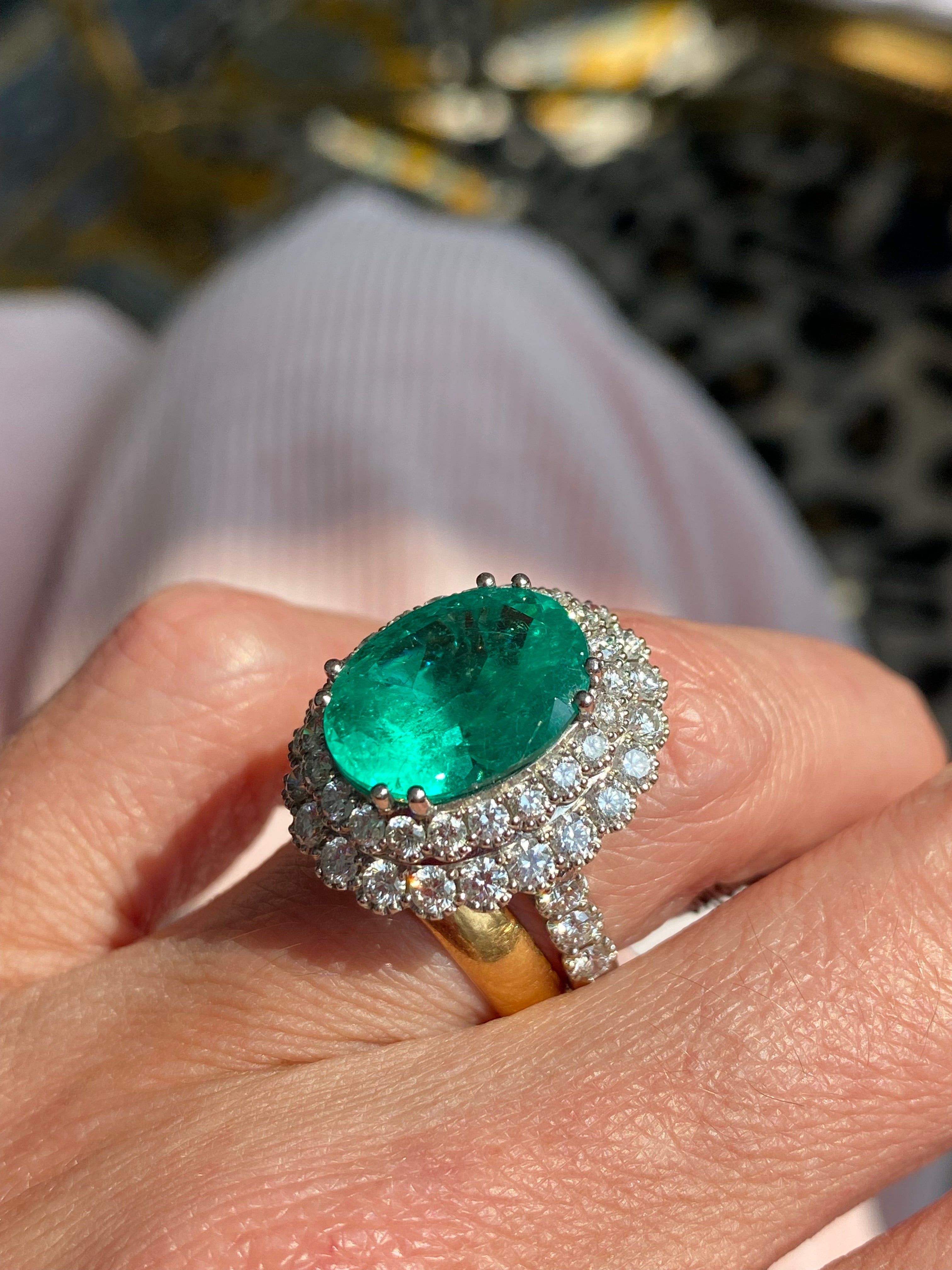 9.10 CTW Colombian Emerald and Natural Diamond Double Halo Ring in Platinum
