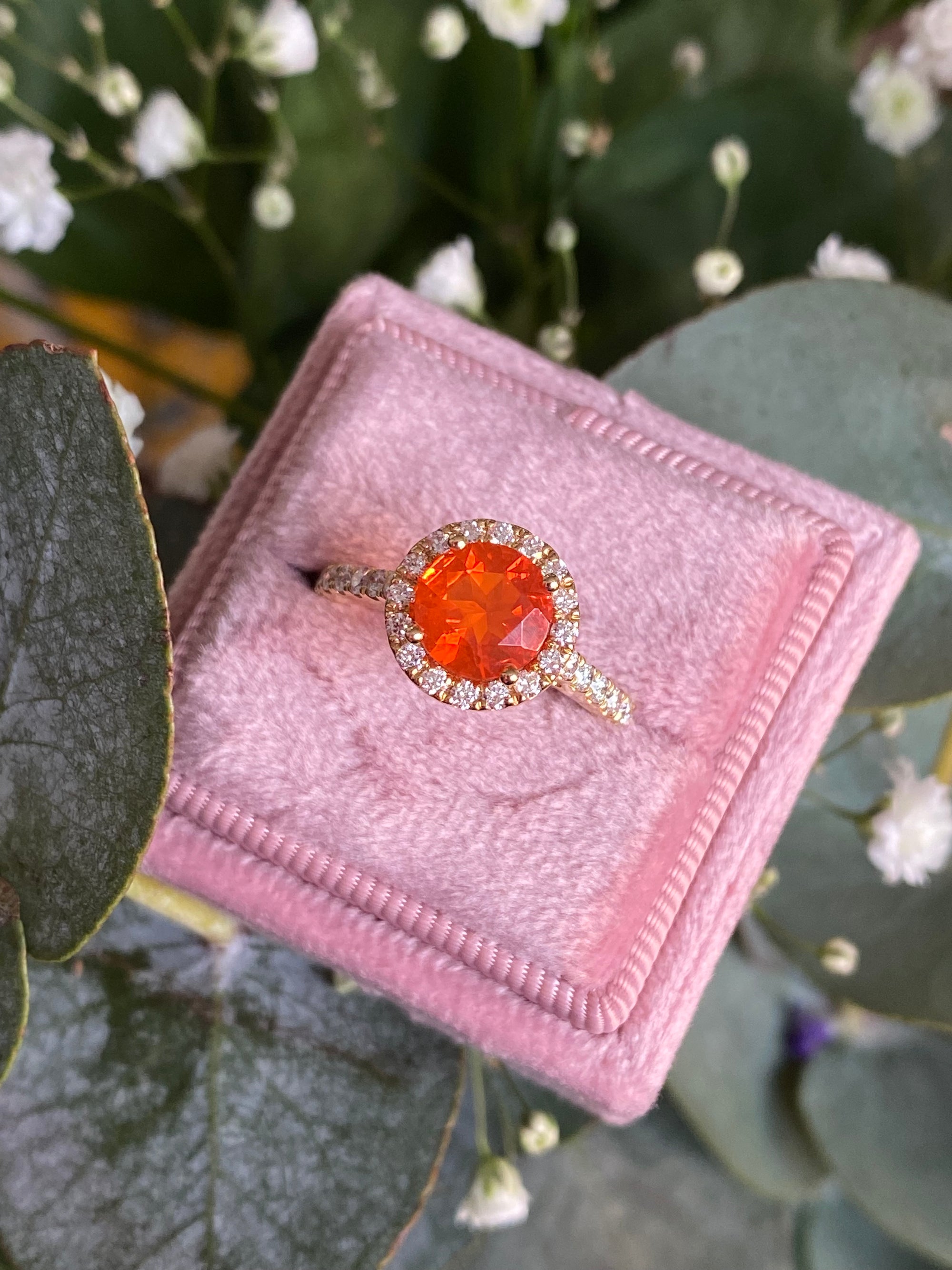 1.37 CTW Fire Opal and Natural Diamond Halo Ring in 18ct Yellow Gold