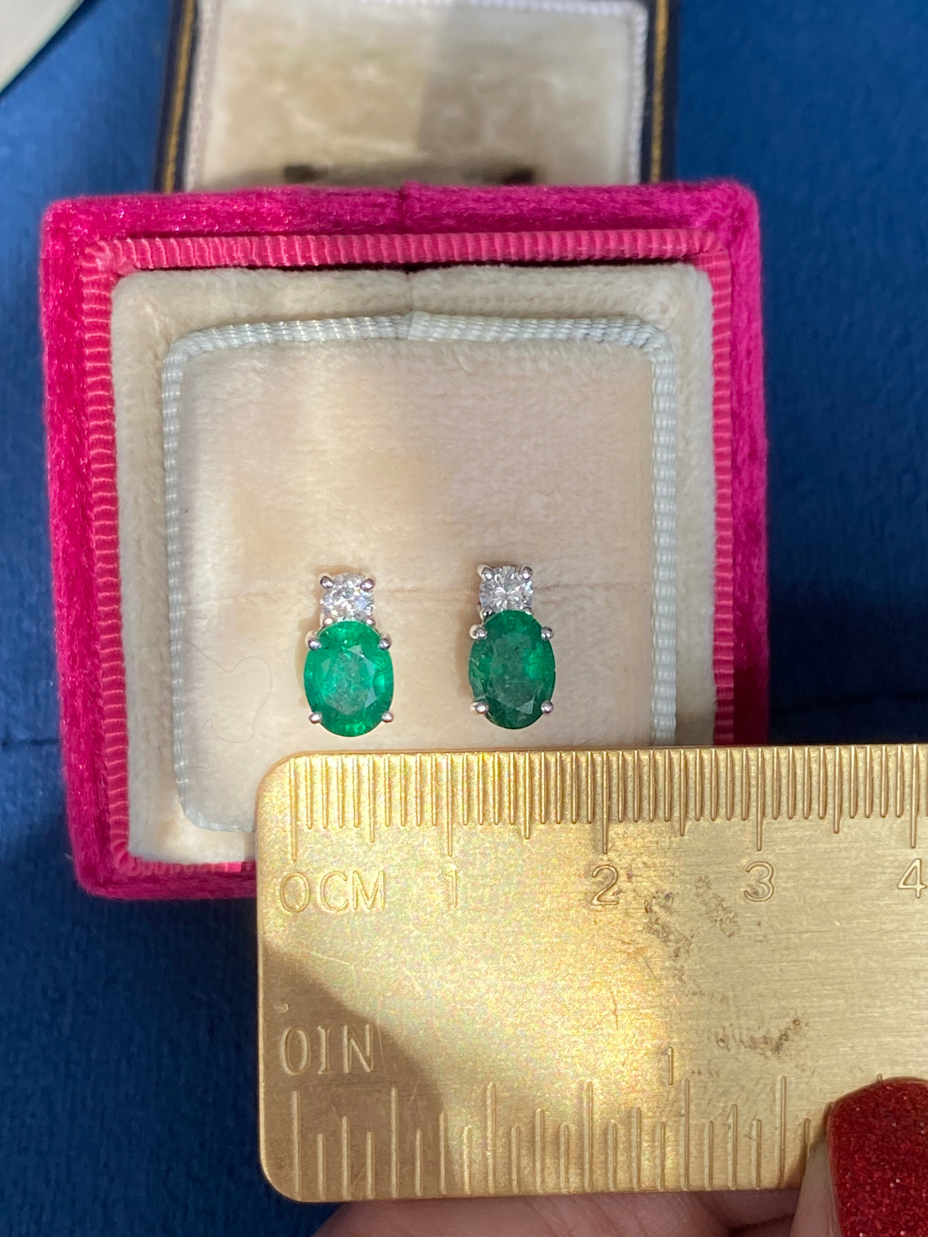 2.17 CTW Emerald and Natural Diamond Stud Earrings in 18ct White Gold