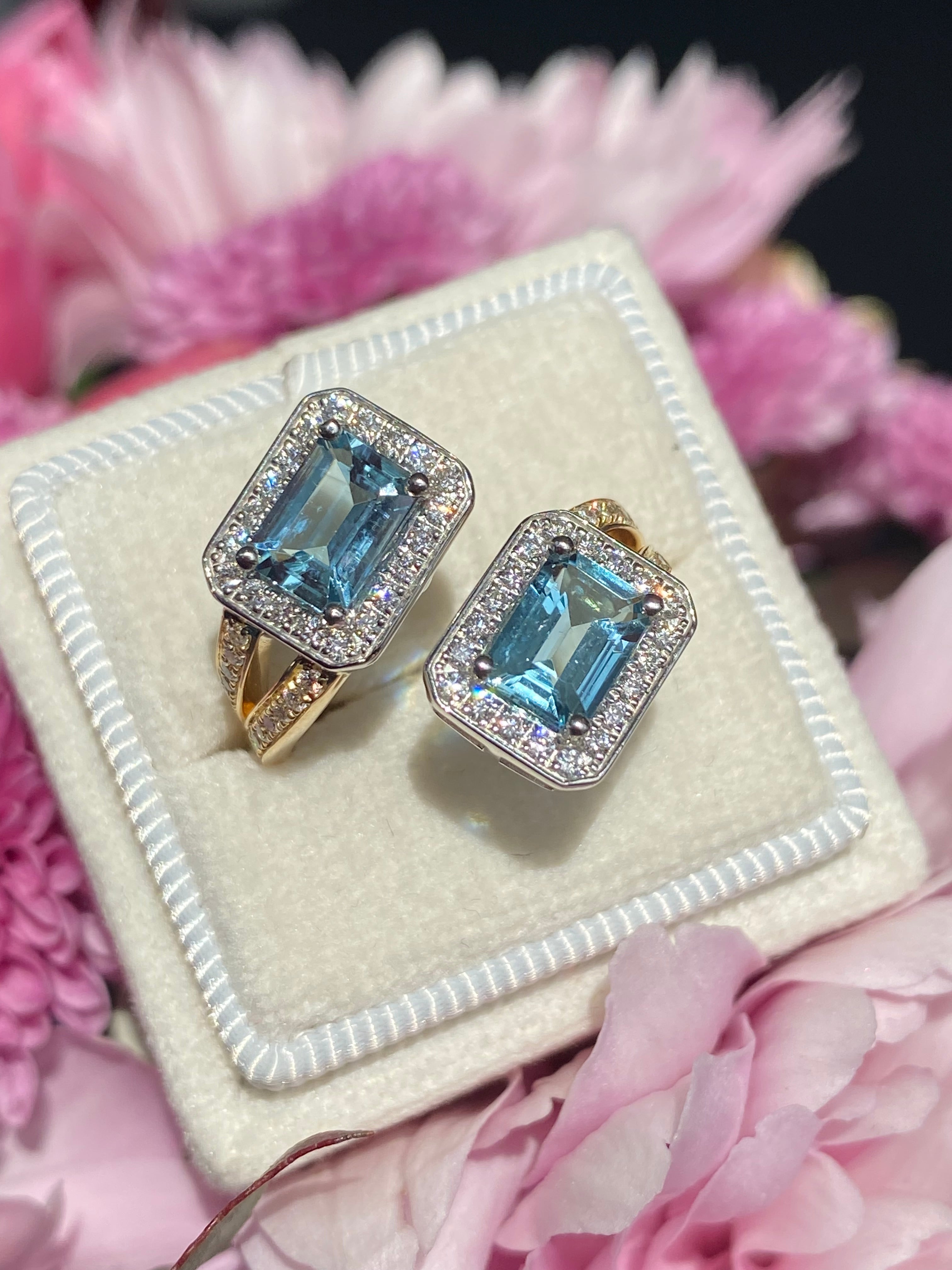 2.25ctw Aquamarine and Natural Diamond Toi et Moi Ring in Platinum and 18ct Yellow Gold