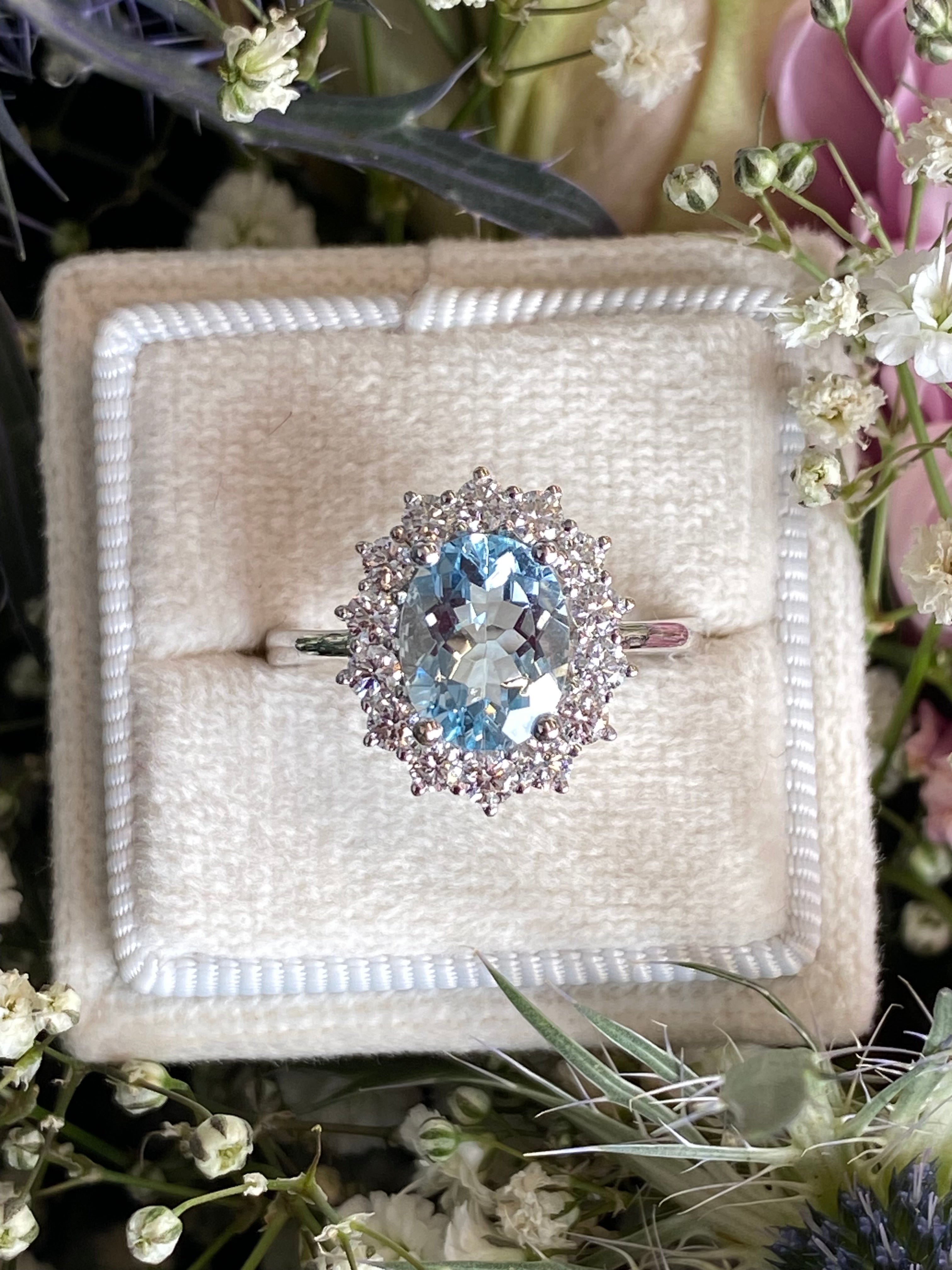 2.02 CTW Oval Cut Aquamarine and Natural Diamond Halo Engagement Ring in Platinum