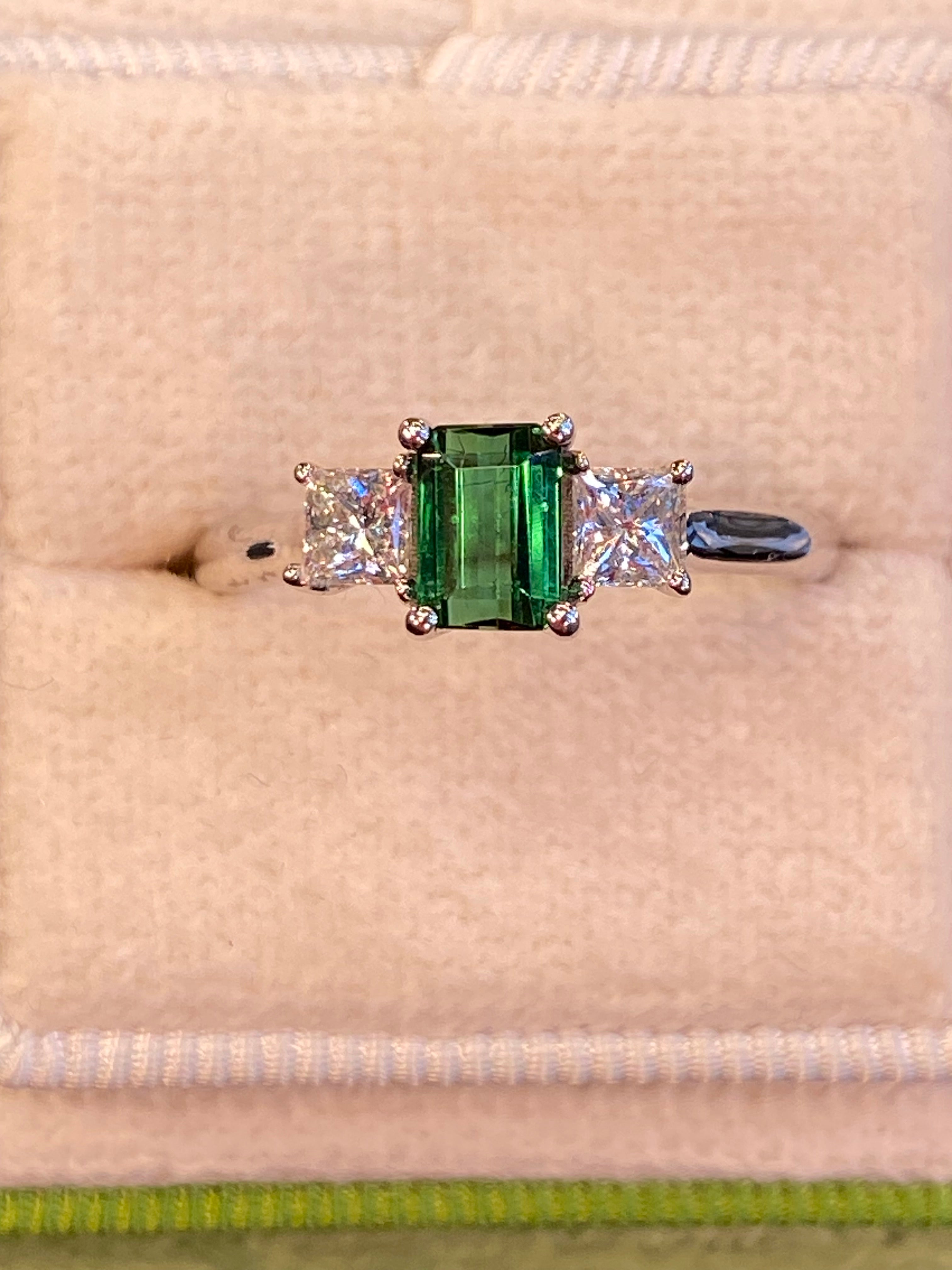 Beautiful Green Tourmaline and Natural Diamond Three Stone Ring in Platinum