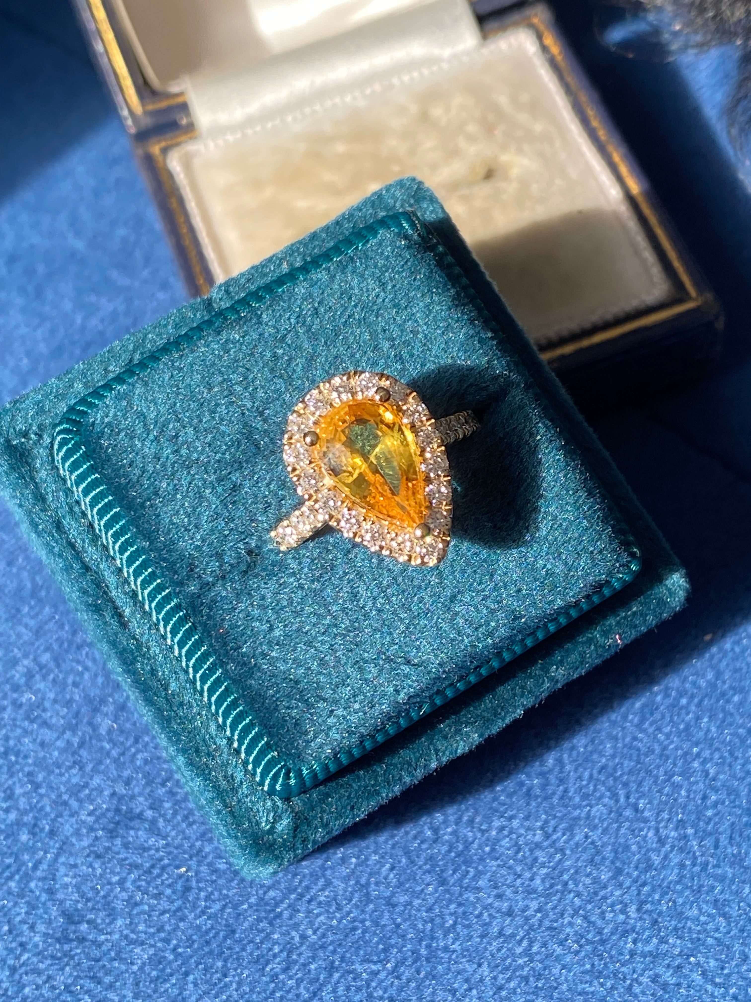 2.72 CTW Pear Cut Orange Sapphire and Natural Diamond Ring in 18ct Yellow Gold