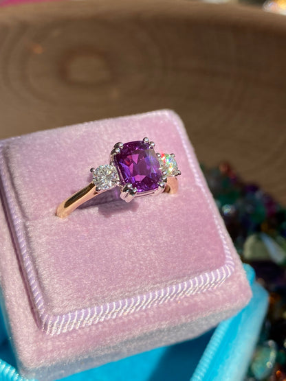 2.16 Carat Purple Sapphire and 0.38ctw Natural Diamond Three Stone Ring in Platinum and 18ct Gold