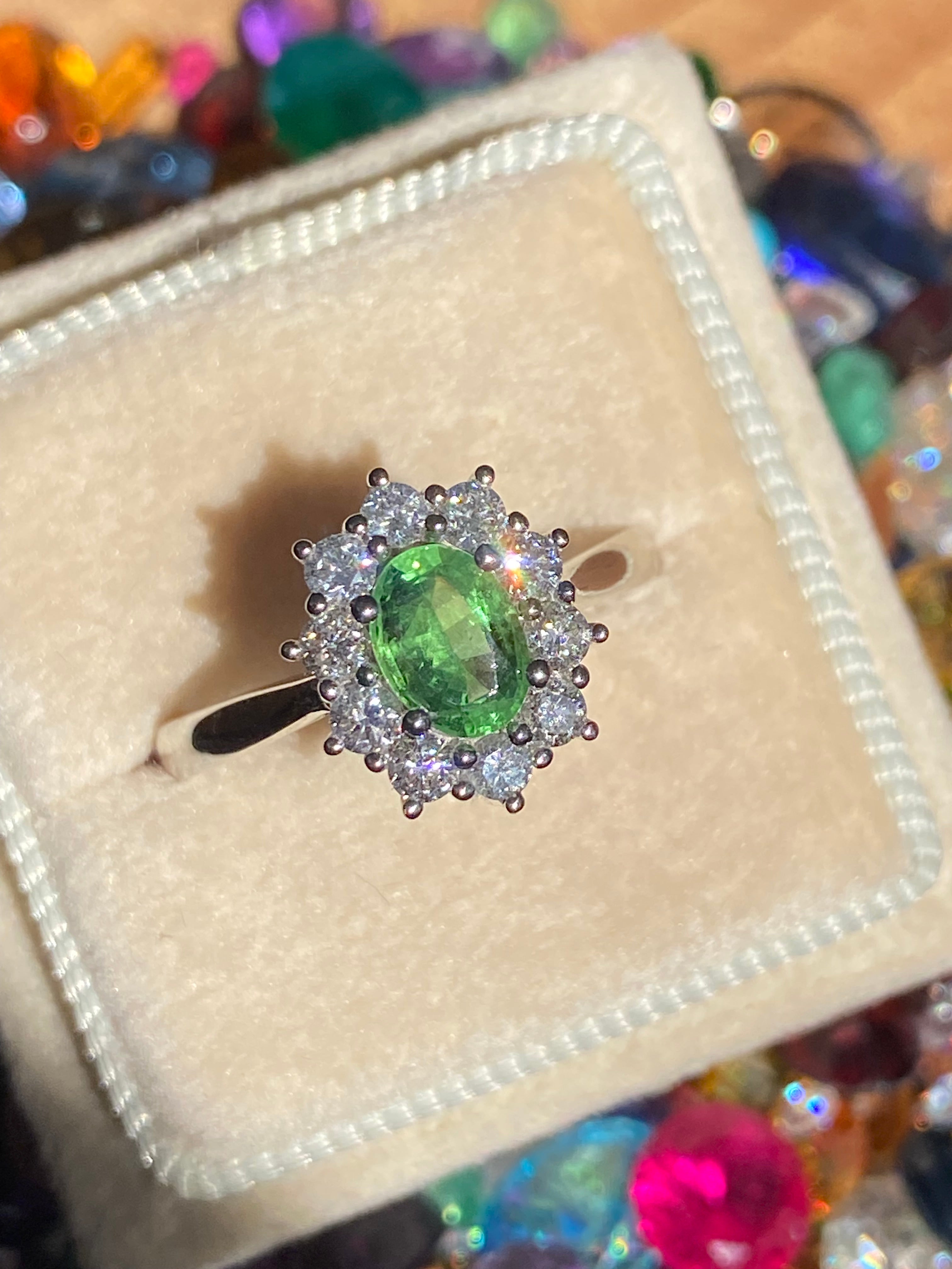1.32 CTW Tsavorite Garnet and Natural Diamond Halo Ring in Platinum