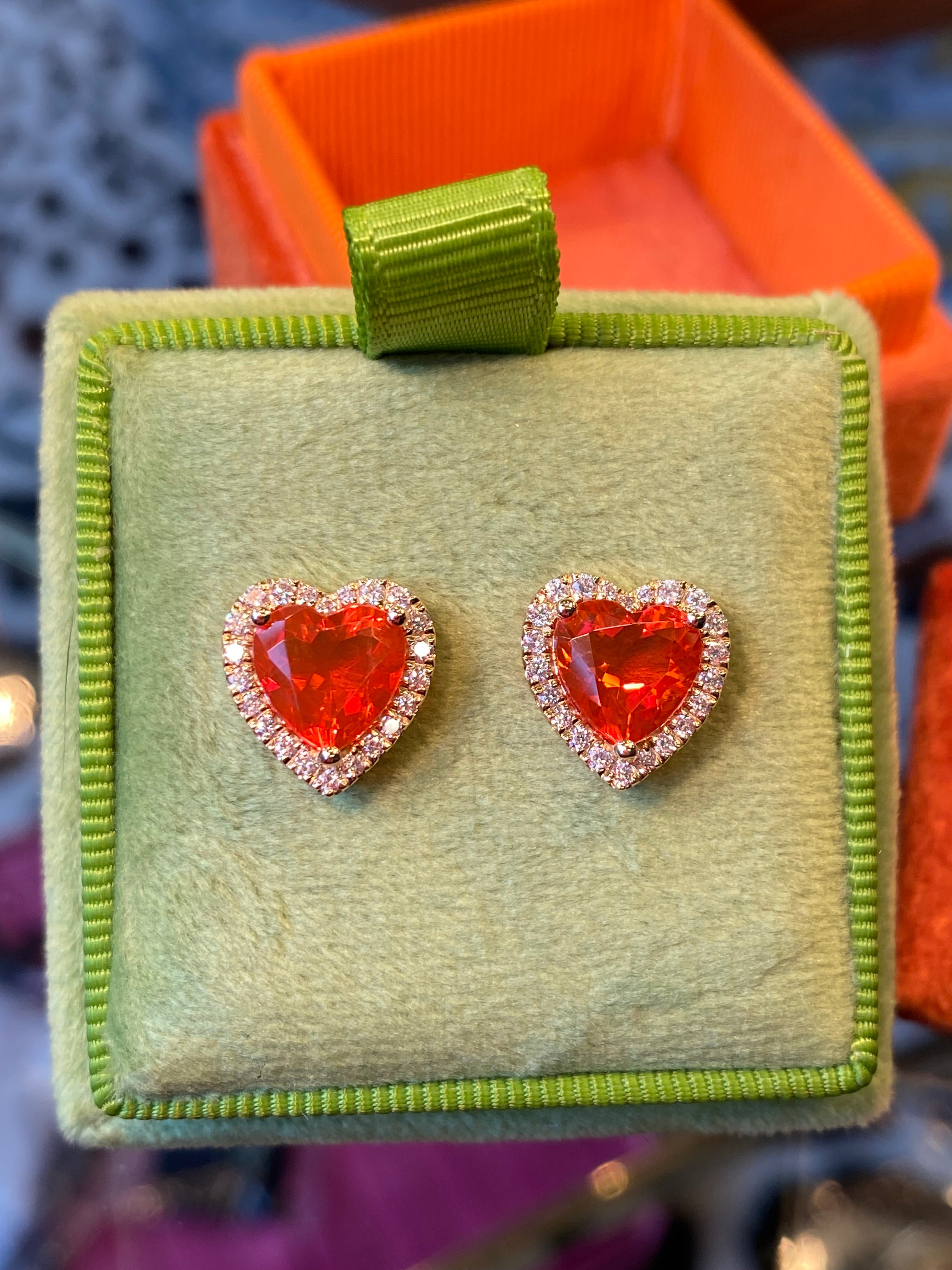 Heart Shaped Fire Opal and Natural Diamond Stud Earrings in 9ct Yellow Gold