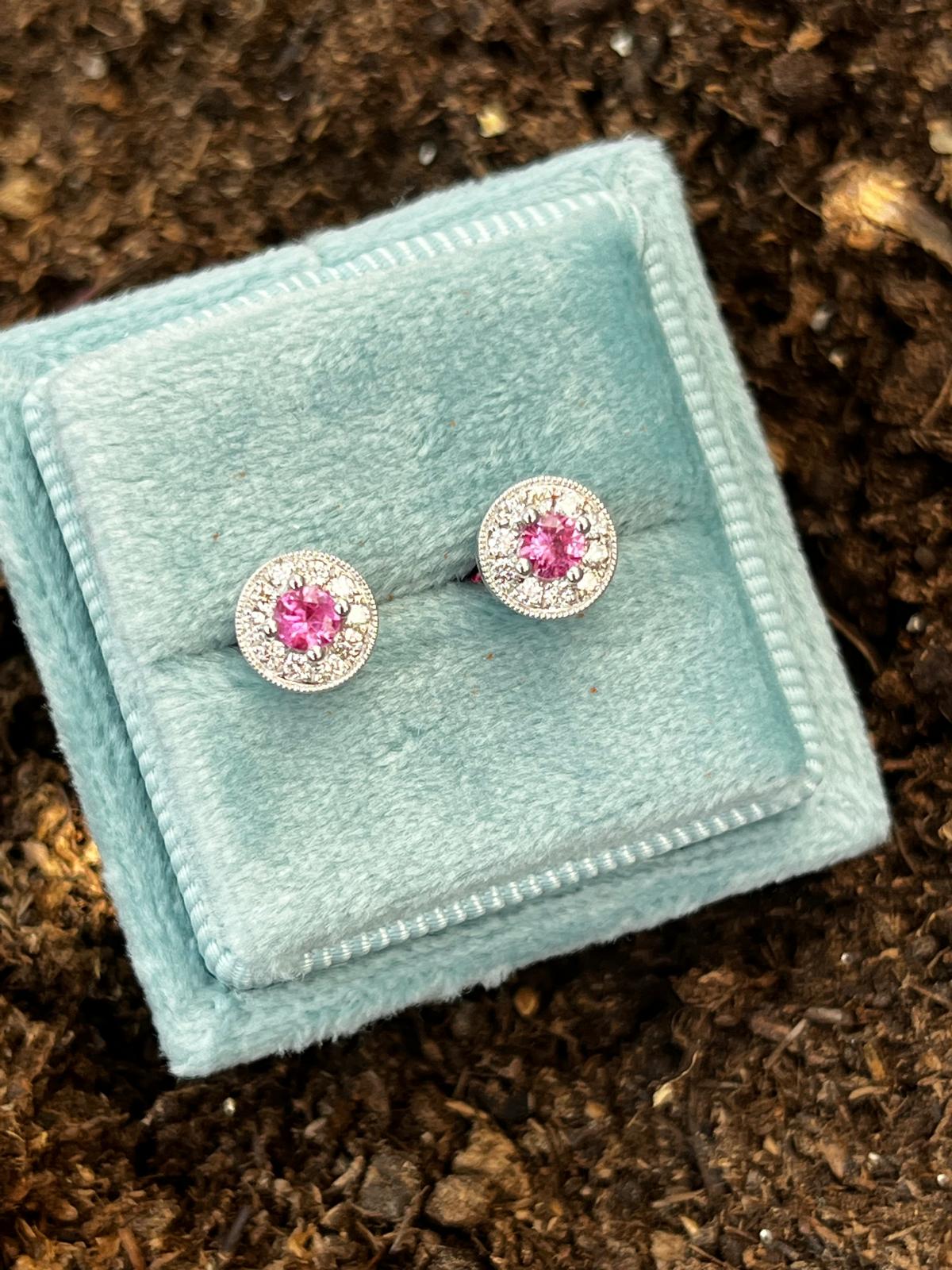 Pink Sapphire and Natural Diamond Halo Stud Earrings in 18ct White Gold