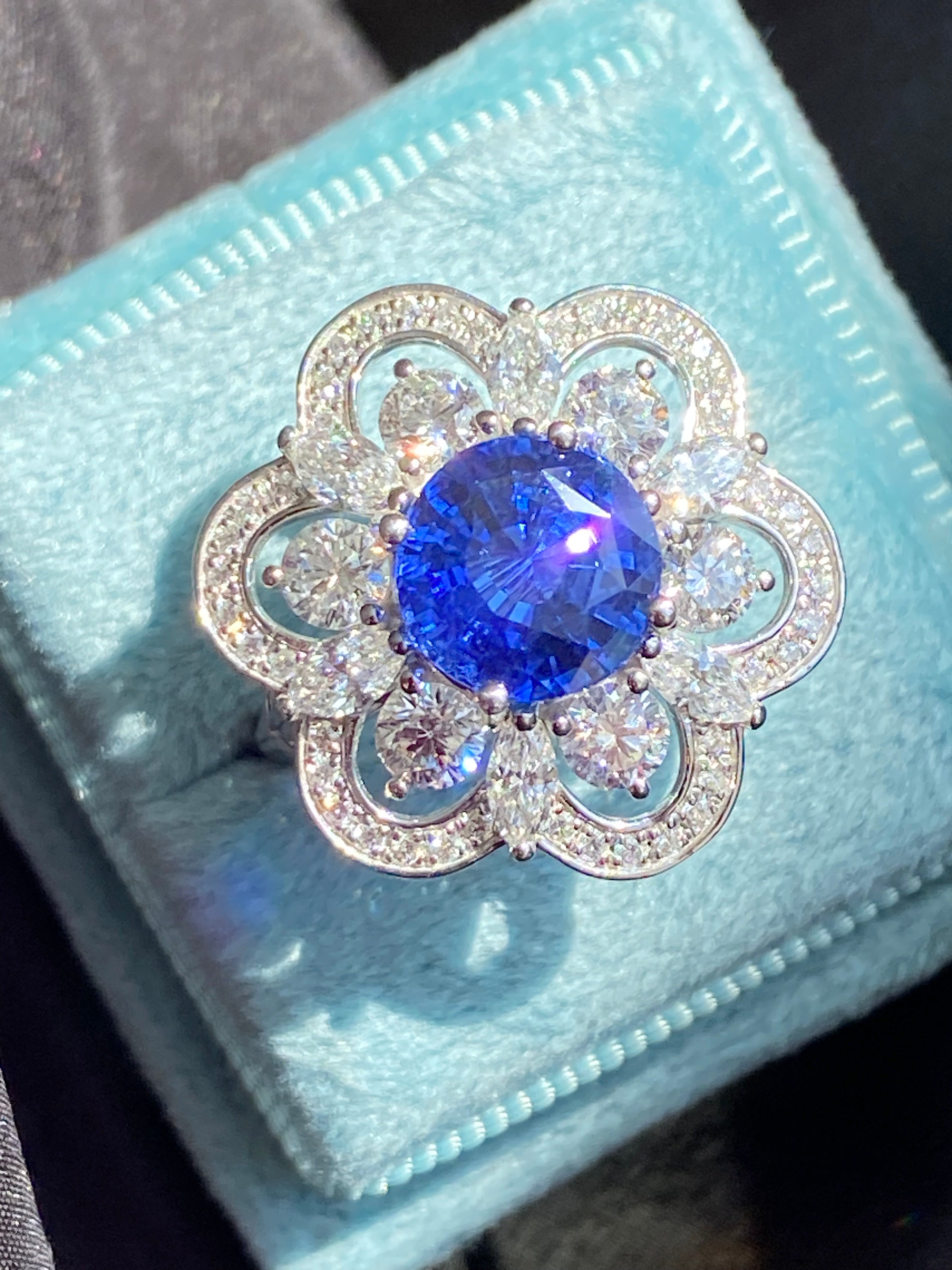 Masterpiece Showstopper 5.44 CTW Ceylon Sapphire and Natural Diamond Halo Cocktail Ring in Platinum