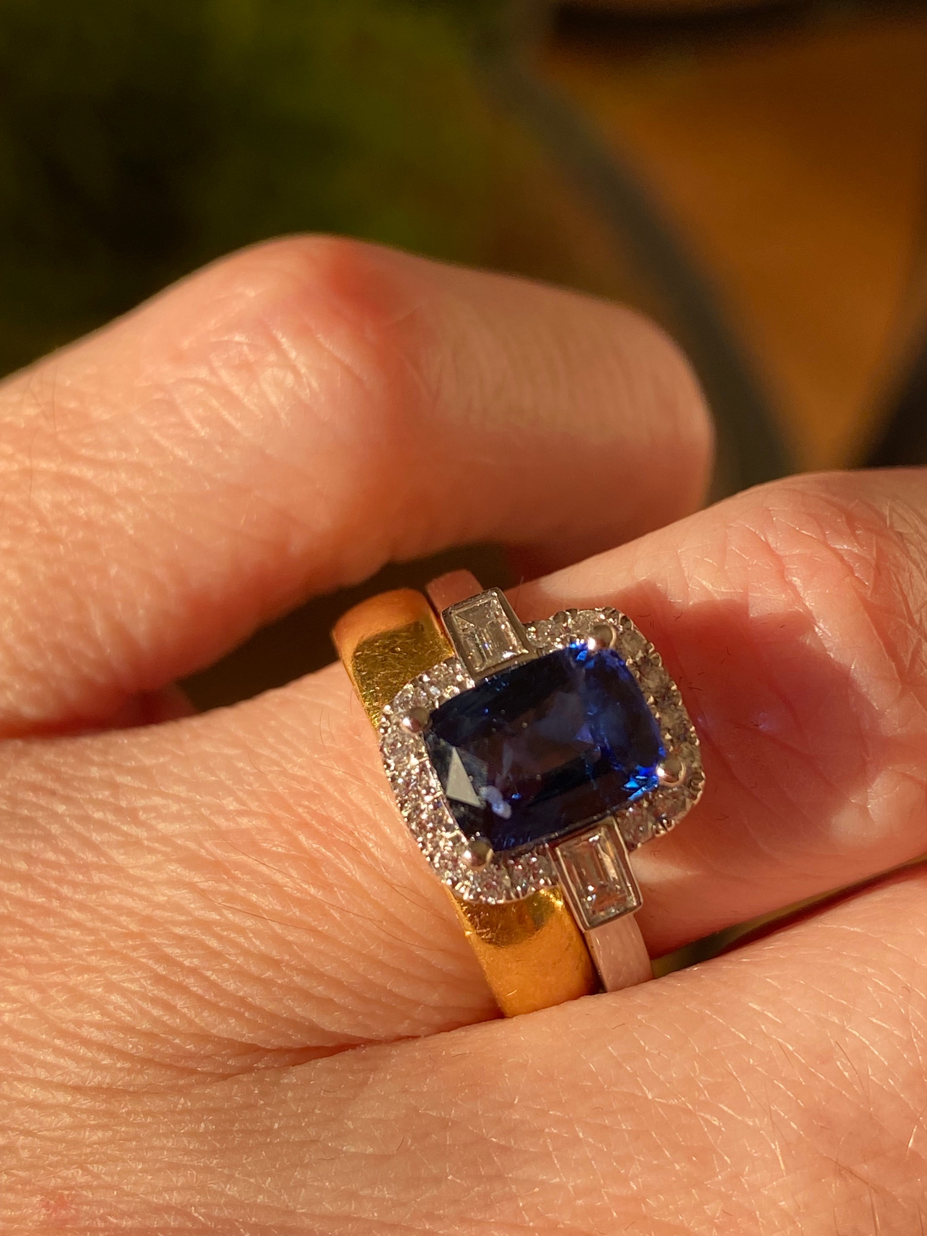 2.59 Carat Cushion Cut Sapphire and Natural Diamond Halo Ring in Platinum
