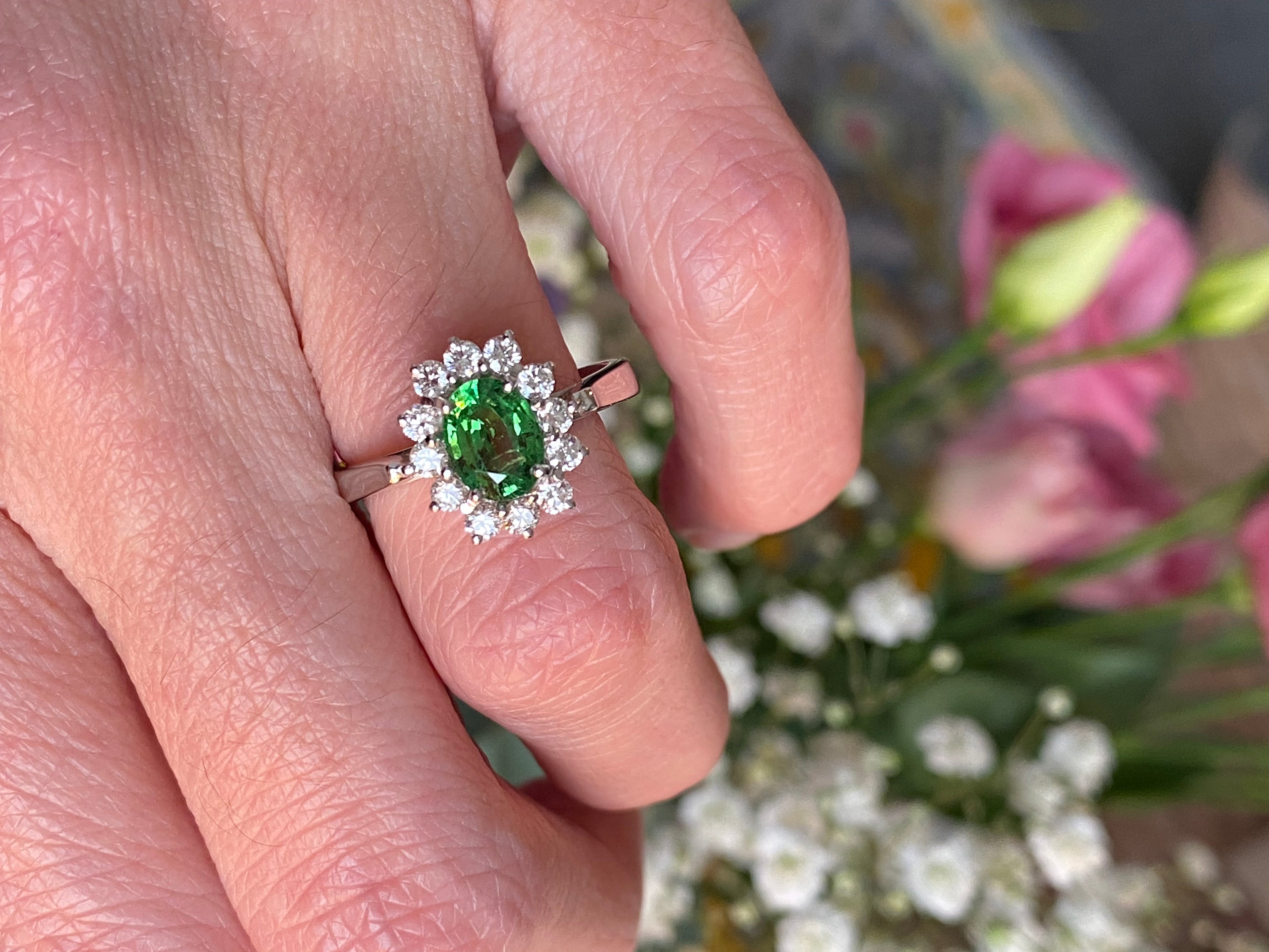 1.50 CTW Tsavorite Garnet and Diamond Halo Engagement Ring in 18ct White Gold