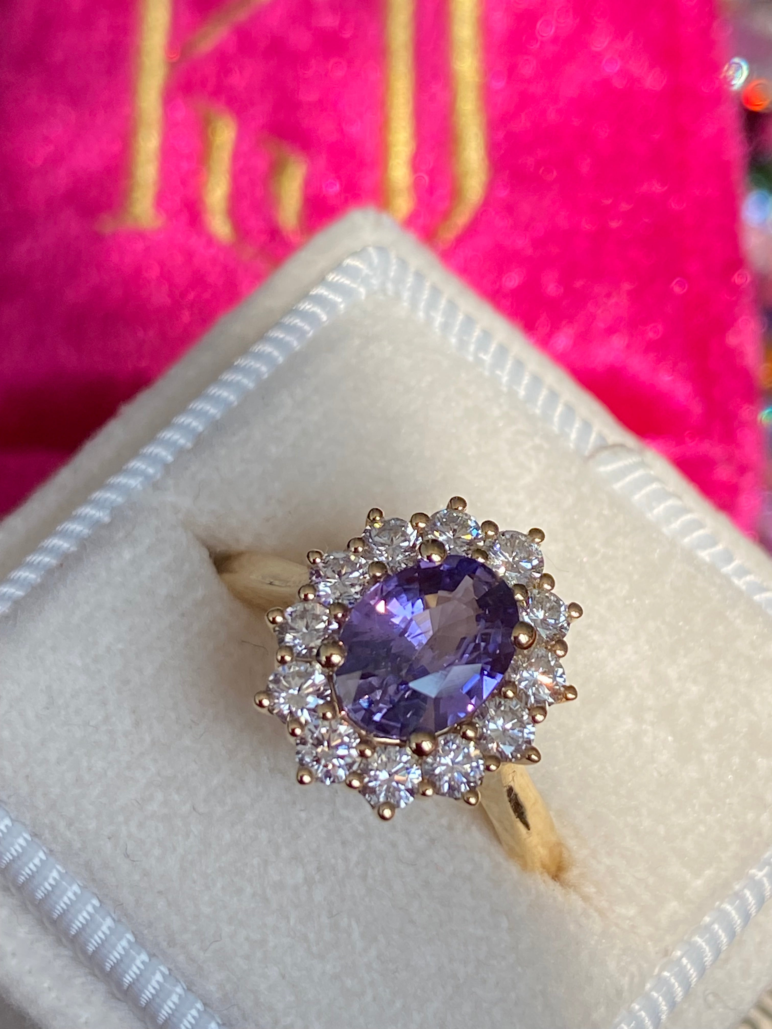 2.08 CTW Violet Sapphire and Natural Diamond Halo Ring in 18ct Yellow Gold