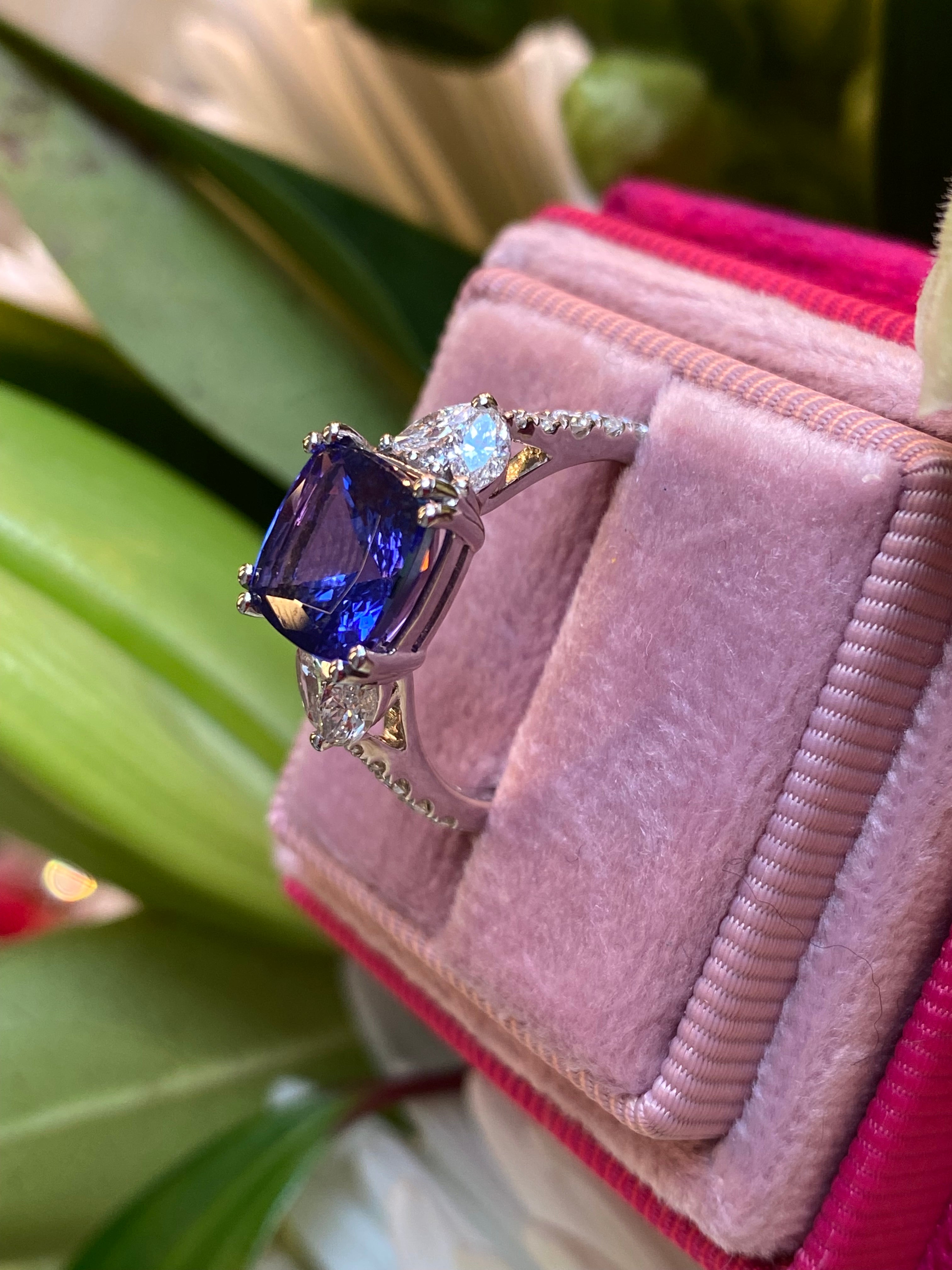 3.76 CTW Cushion Cut Tanzanite and Diamond Ring in Platinum