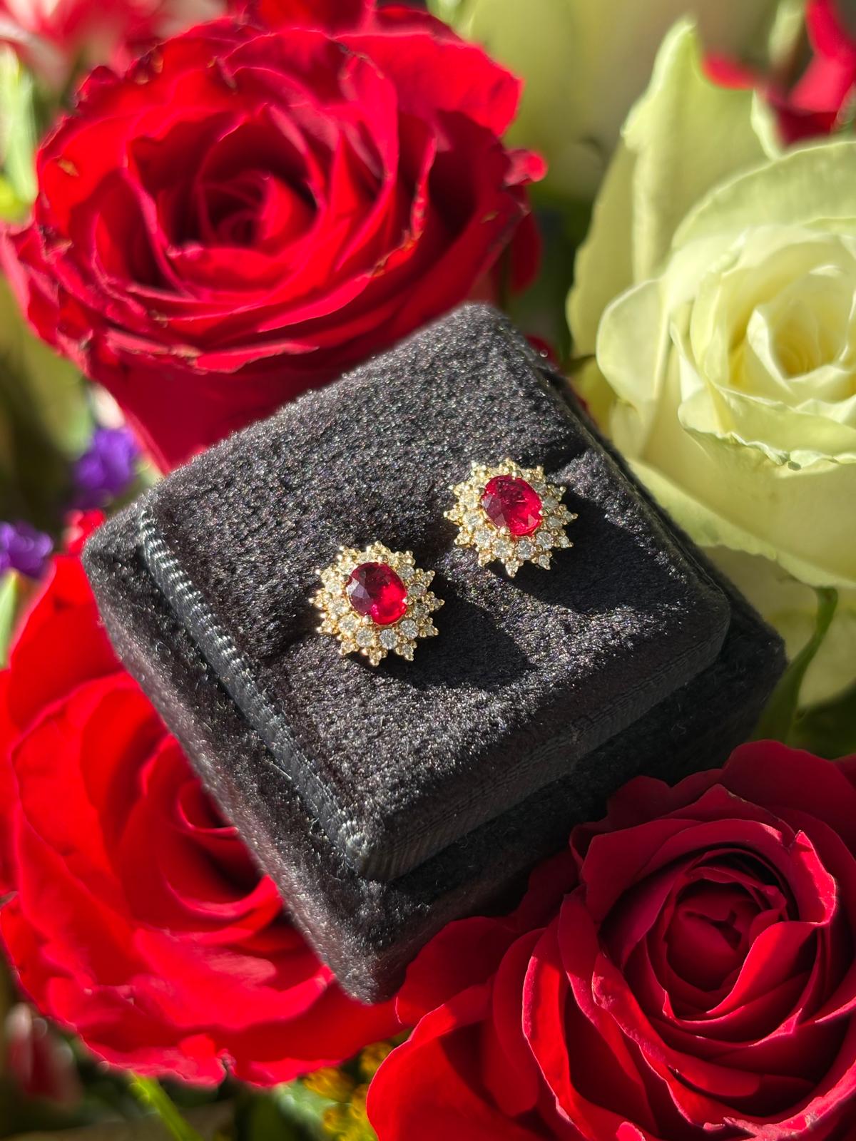 1.09 CTW Oval Cut Certified Ruby and Natural Diamond Halo Stud Earrings in 18ct Yellow Gold