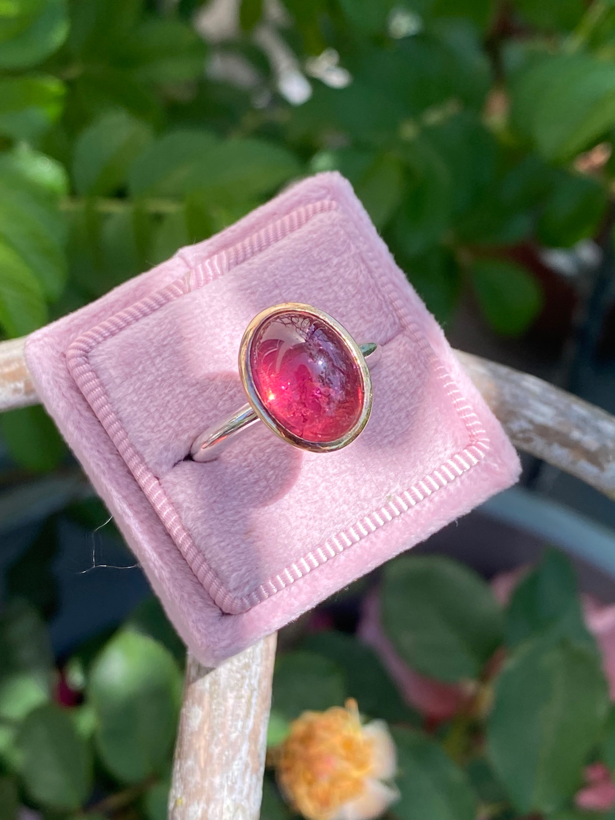 Cabochon Cut Pink Tourmaline Ring in Sterling Silver and 18ct Yellow Gold