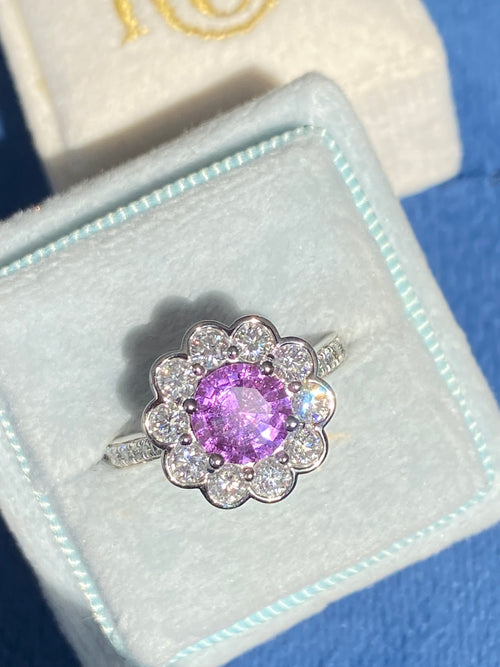 1.27 Carat Purple Sapphire and 1.02ctw Natural Diamond Halo Ring in Platinum