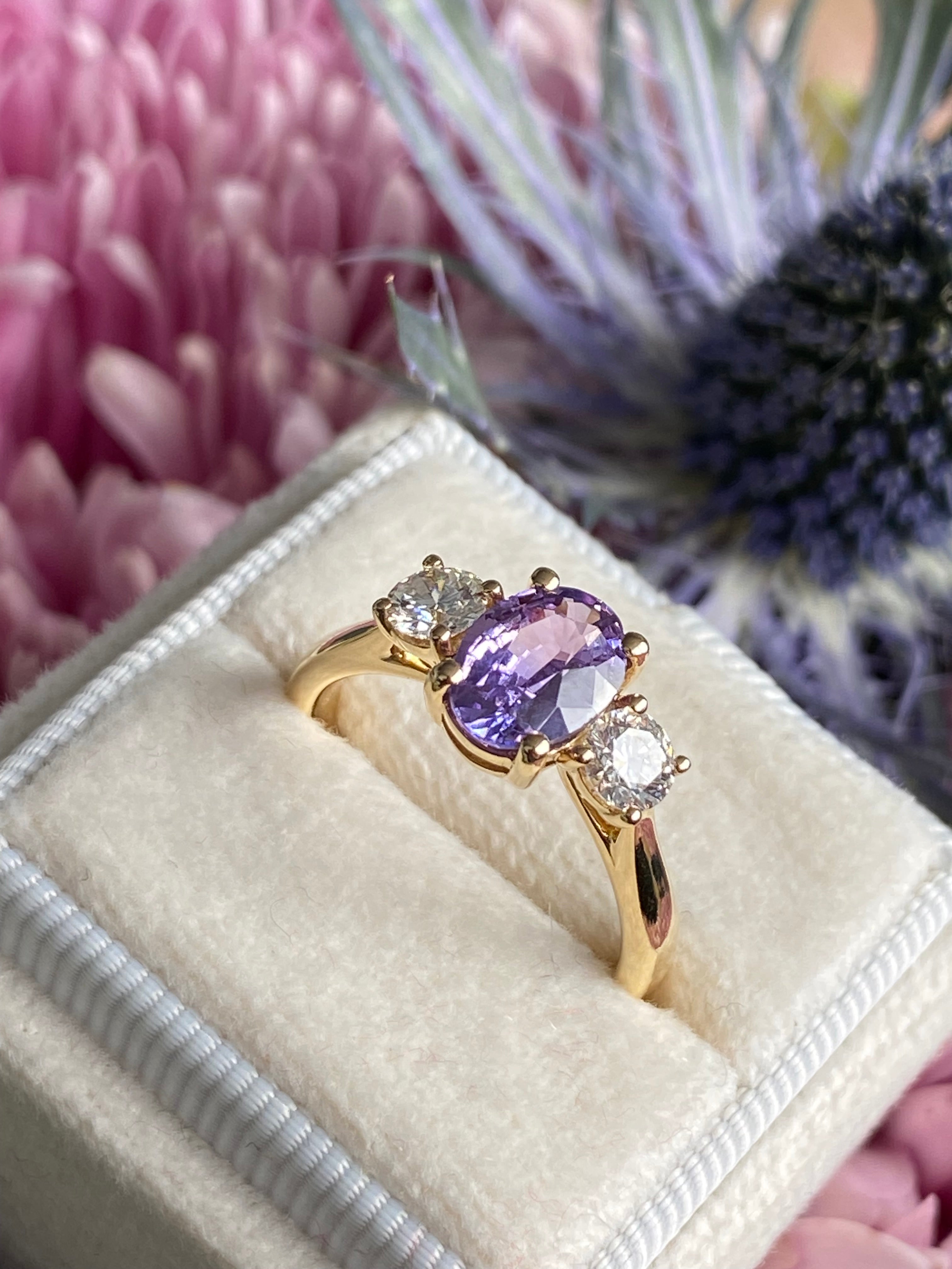 1.82 CTW Purple Sapphire and Natural Diamond Three Stone Ring in 18ct Yellow Gold
